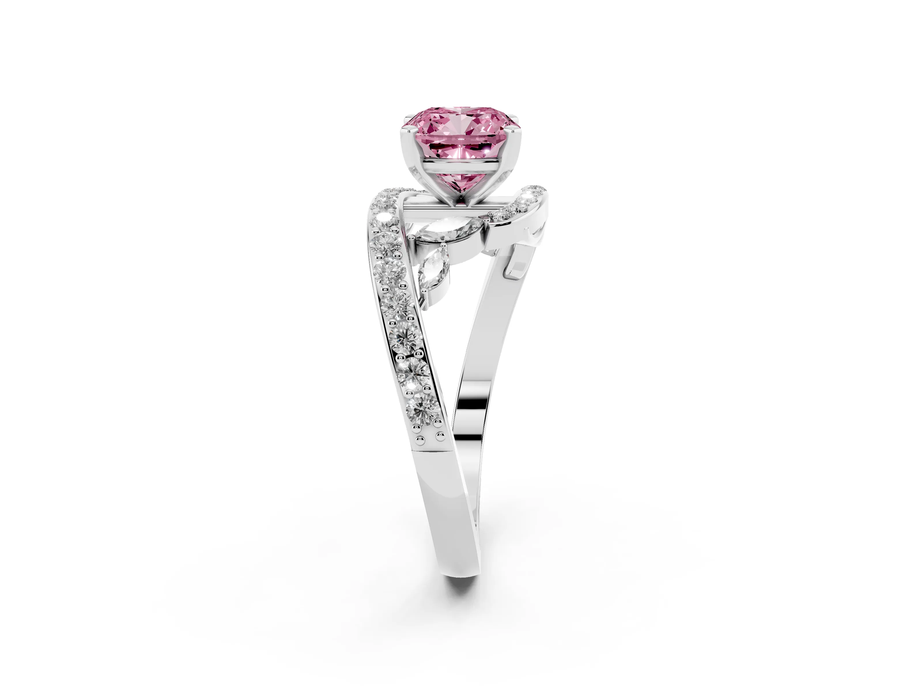 Fancy Pink Cushion Cut Diamond Solitaire Ring Set in Silver with Pavé Twist Band and Secure Prong Setting