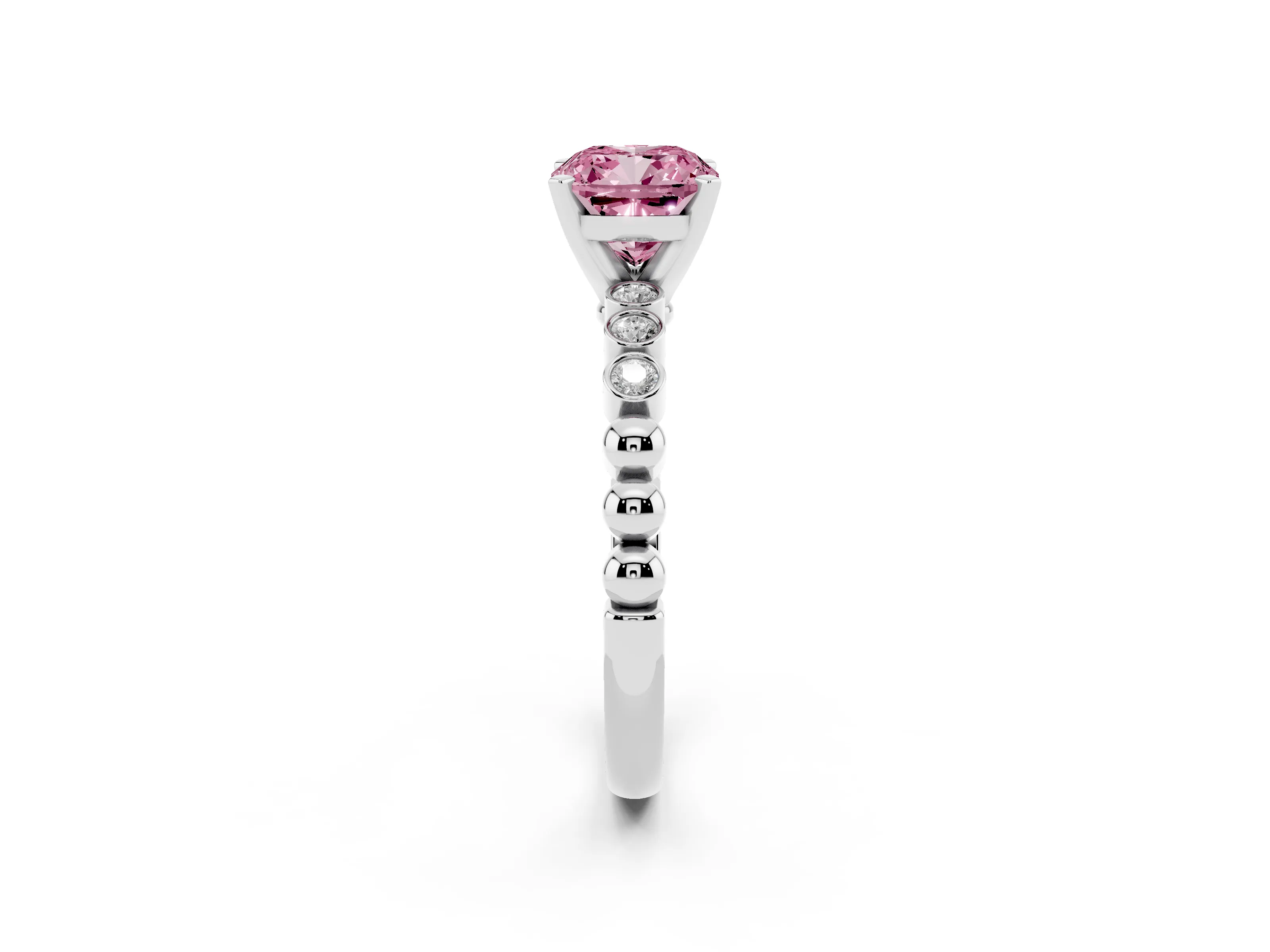 Fancy Pink Cushion Cut Diamond Solitaire Engagement Ring Set in White gold with Bezel Accents on Beaded Band