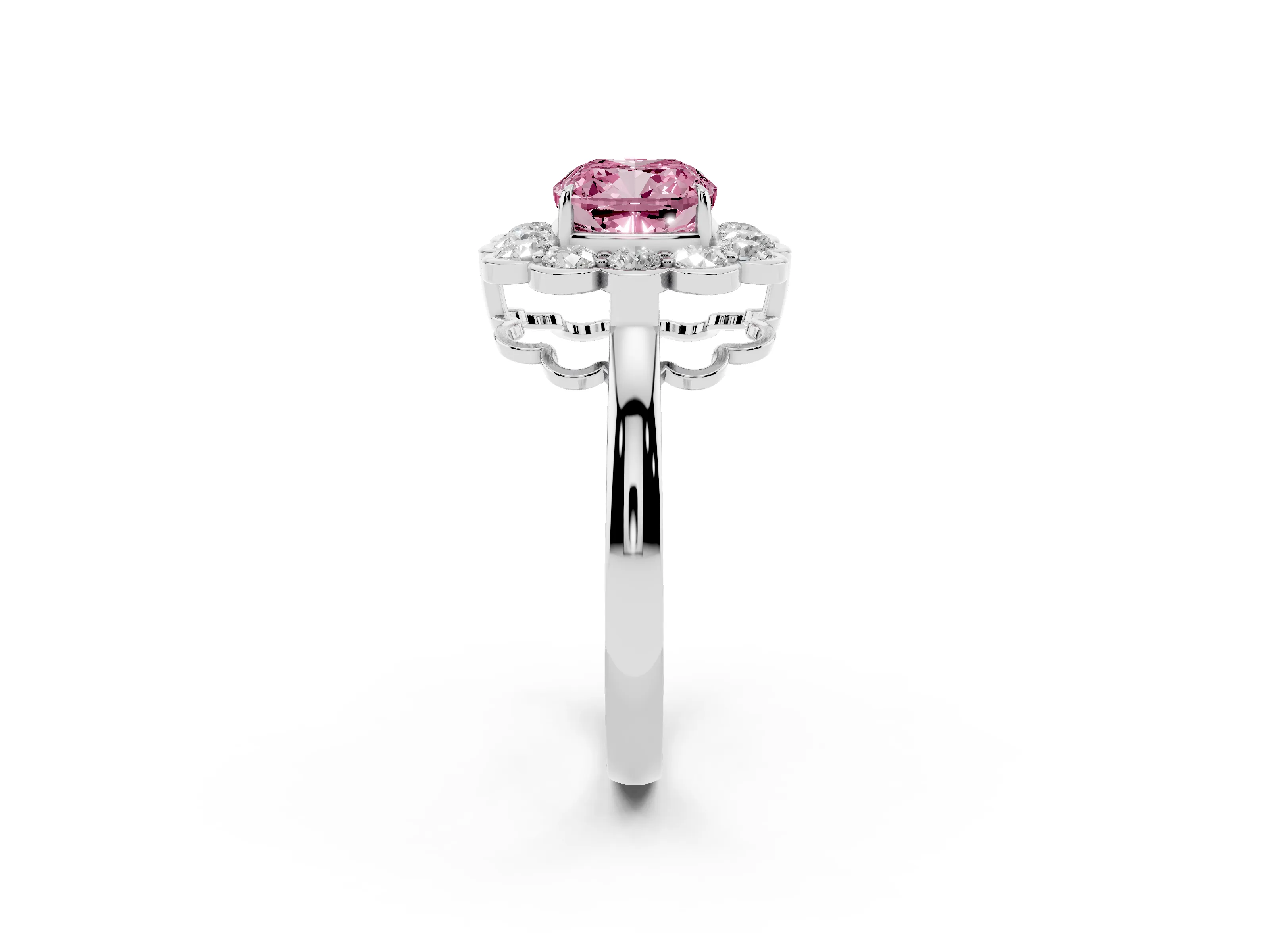 Fancy Pink Cushion Cut Diamond Halo Cluster Engagement Ring Set in Platinum with Solitaire Band and Prong Setting