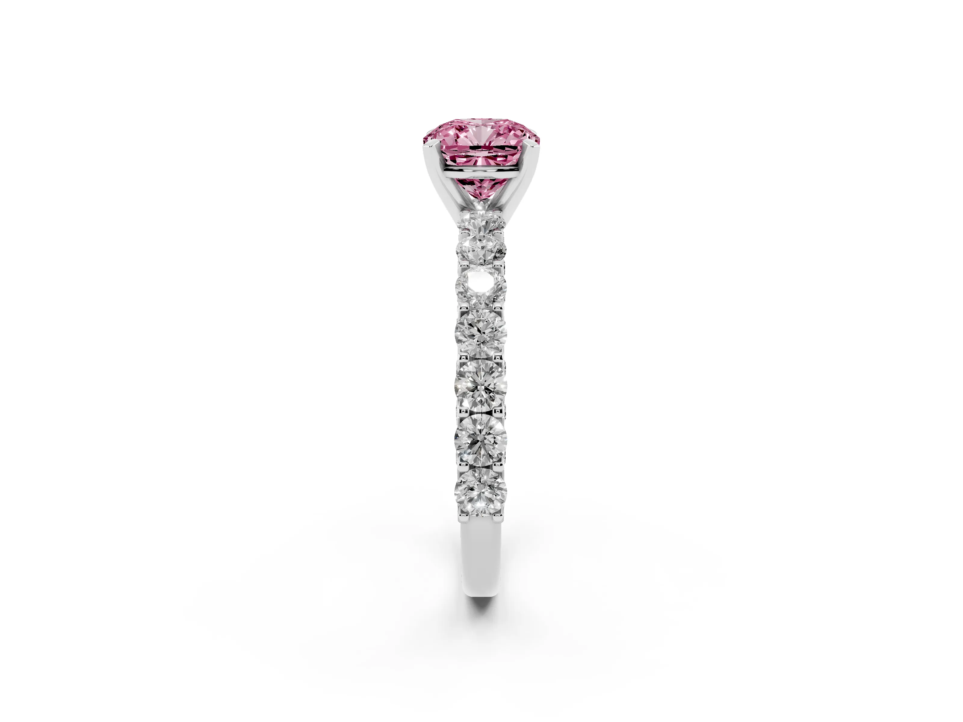 Fancy Pink Cushion Cut Diamond Solitaire Ring Set in Silver with Shared Prong Pavé Band
