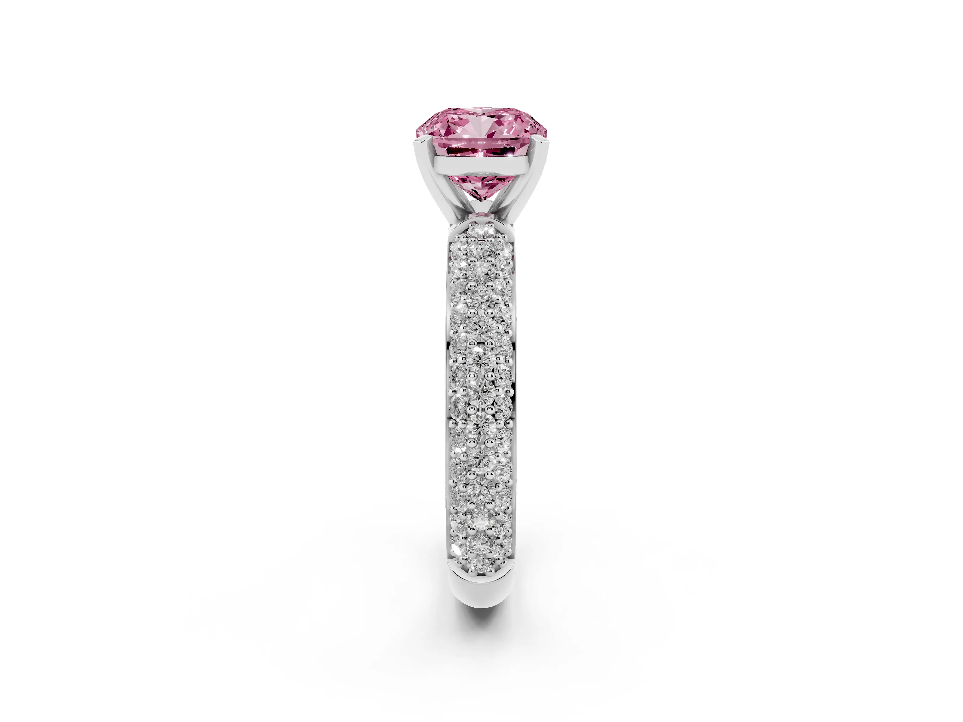 Fancy Pink Cushion Cut Diamond Solitaire Ring Set in Platinum with Prong Setting and Pavé-Set Band