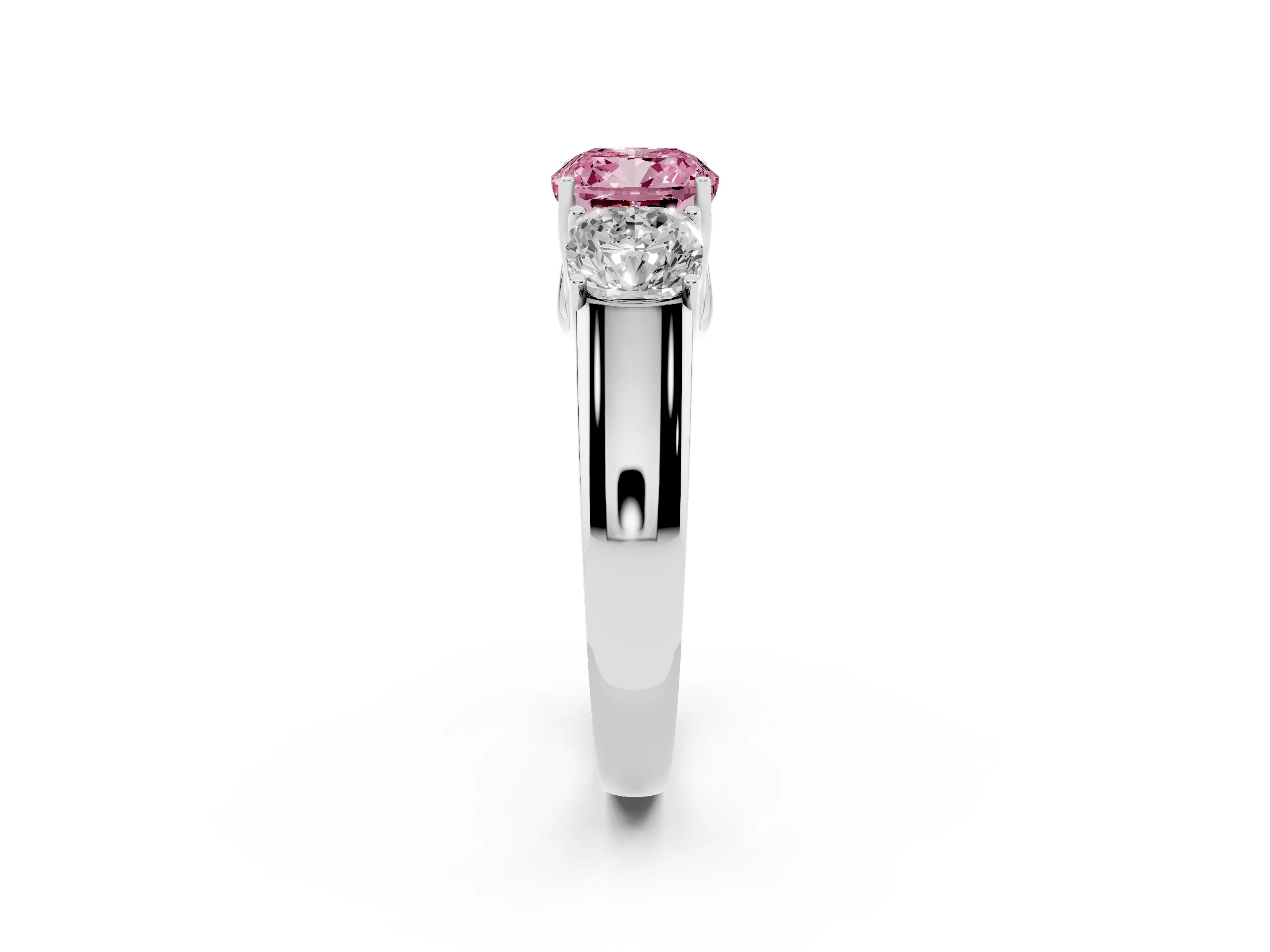 Fancy Pink Three-Stone Cushion Cut Diamond Ring Set in Silver with Matching Prong Settings and Plain Band