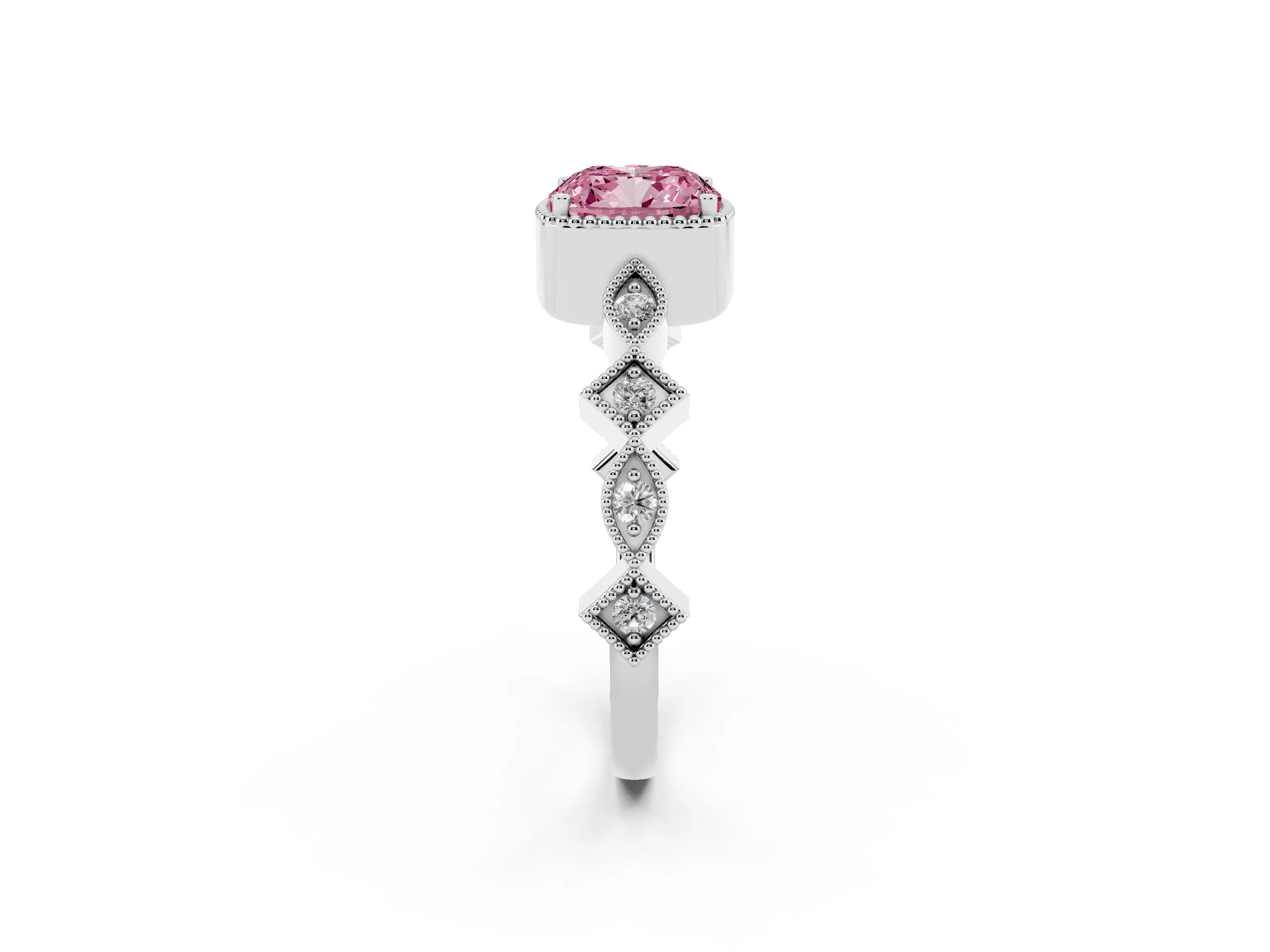 Fancy Pink Cushion Cut Diamond Milgrain Marquise Twist Band Ring Set in White gold with Prong Setting