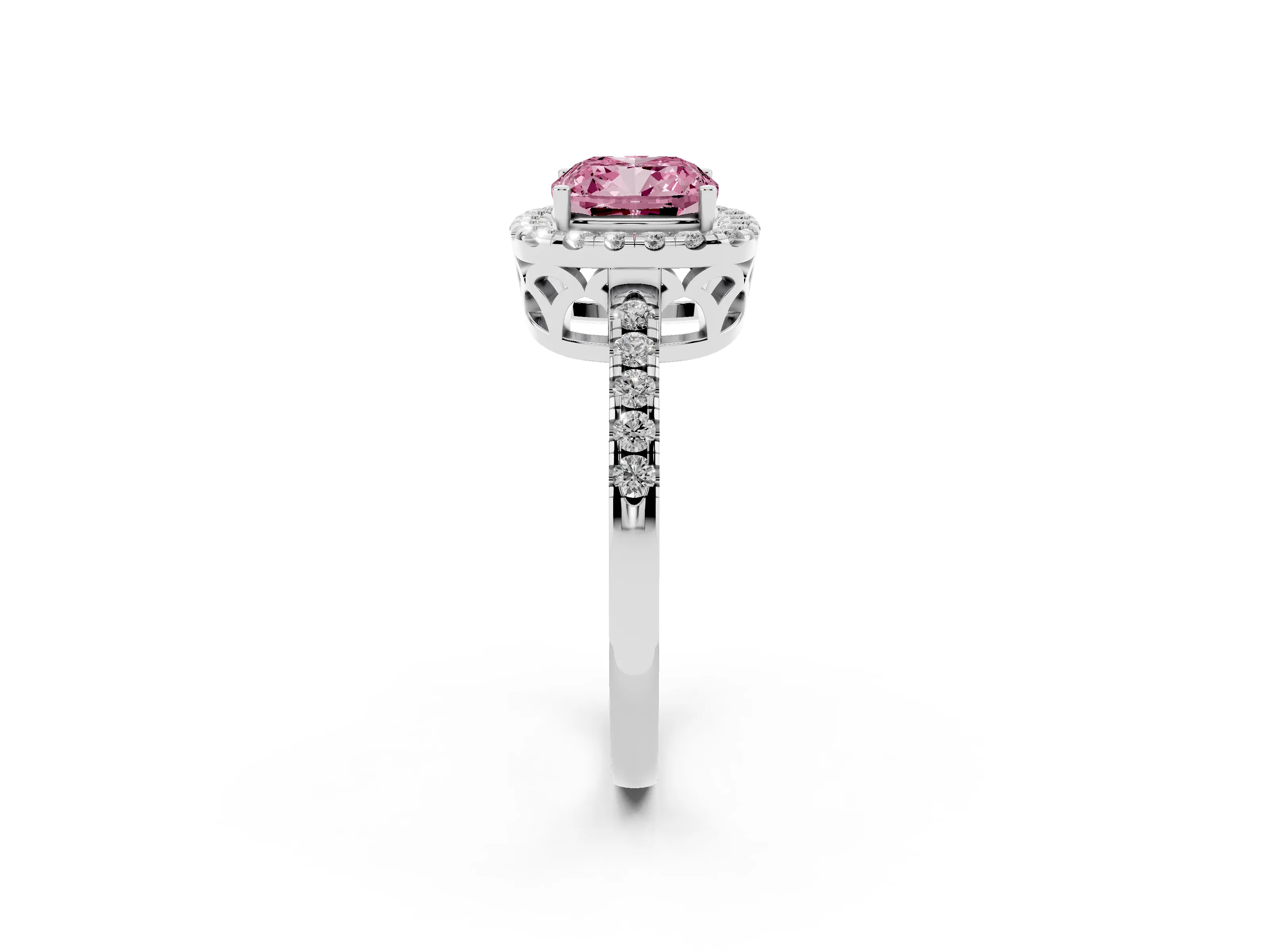 Fancy Pink Cushion Cut Diamond Pavé Band Halo Engagement Ring Set in Platinum with Prong Setting