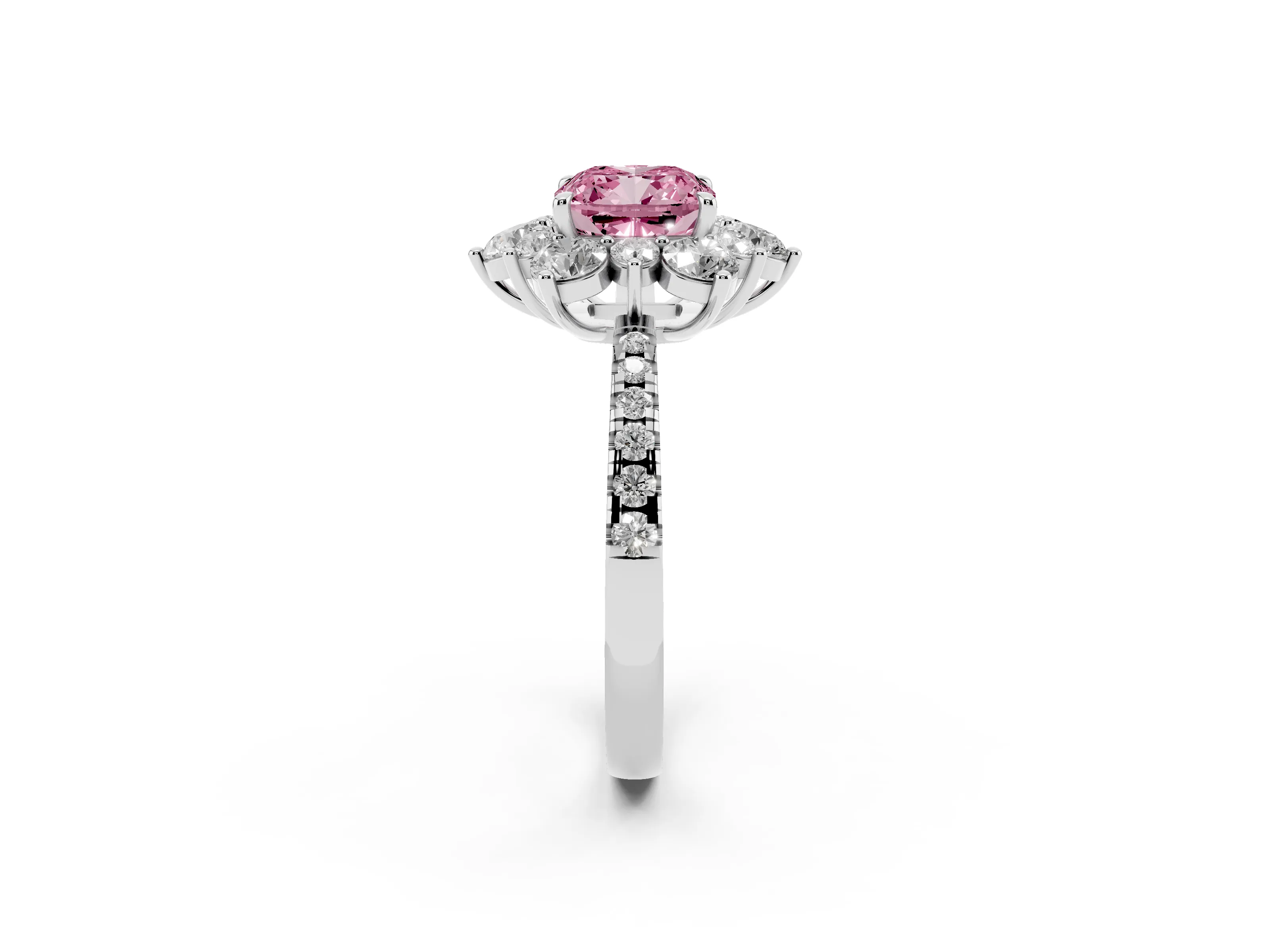 Fancy Pink Cushion Cut Diamond Floral Halo Ring Set in Silver with Round Pavé Band and Prong Setting