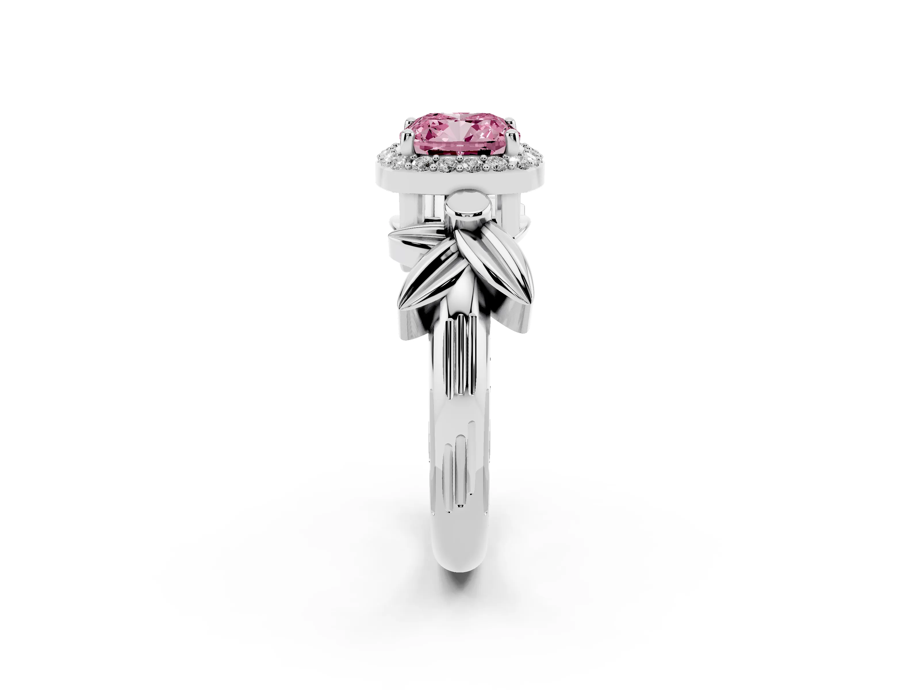Fancy Pink Cushion Cut Diamond Halo Floral Band Ring Set in Platinum with Prong Setting