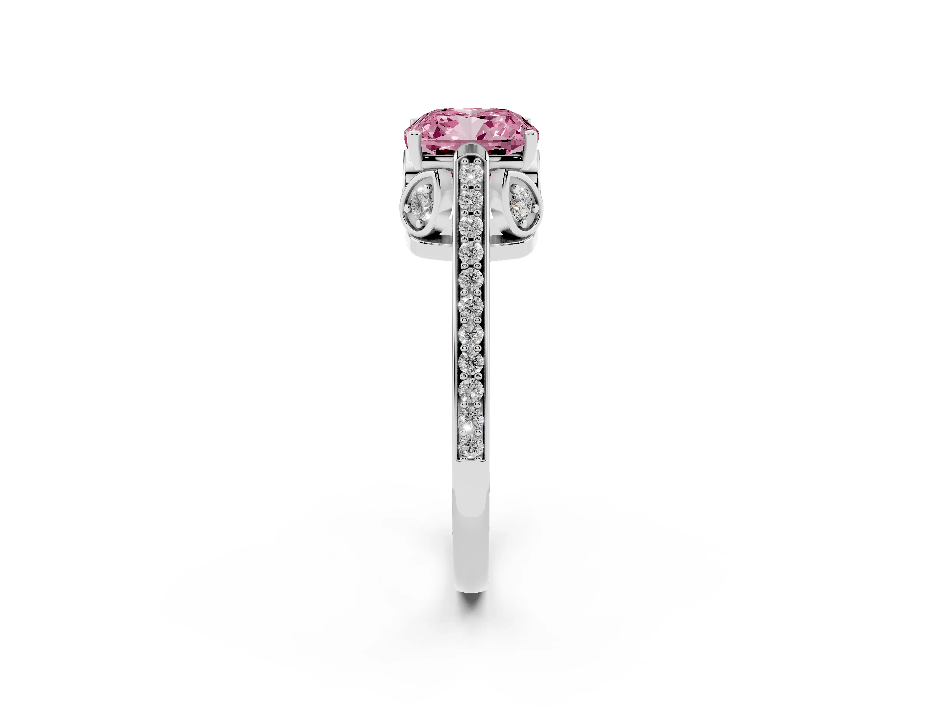 Fancy Pink Cushion Cut Diamond Cathedral Pavé Engagement Ring Set in Platinum with Prong Setting