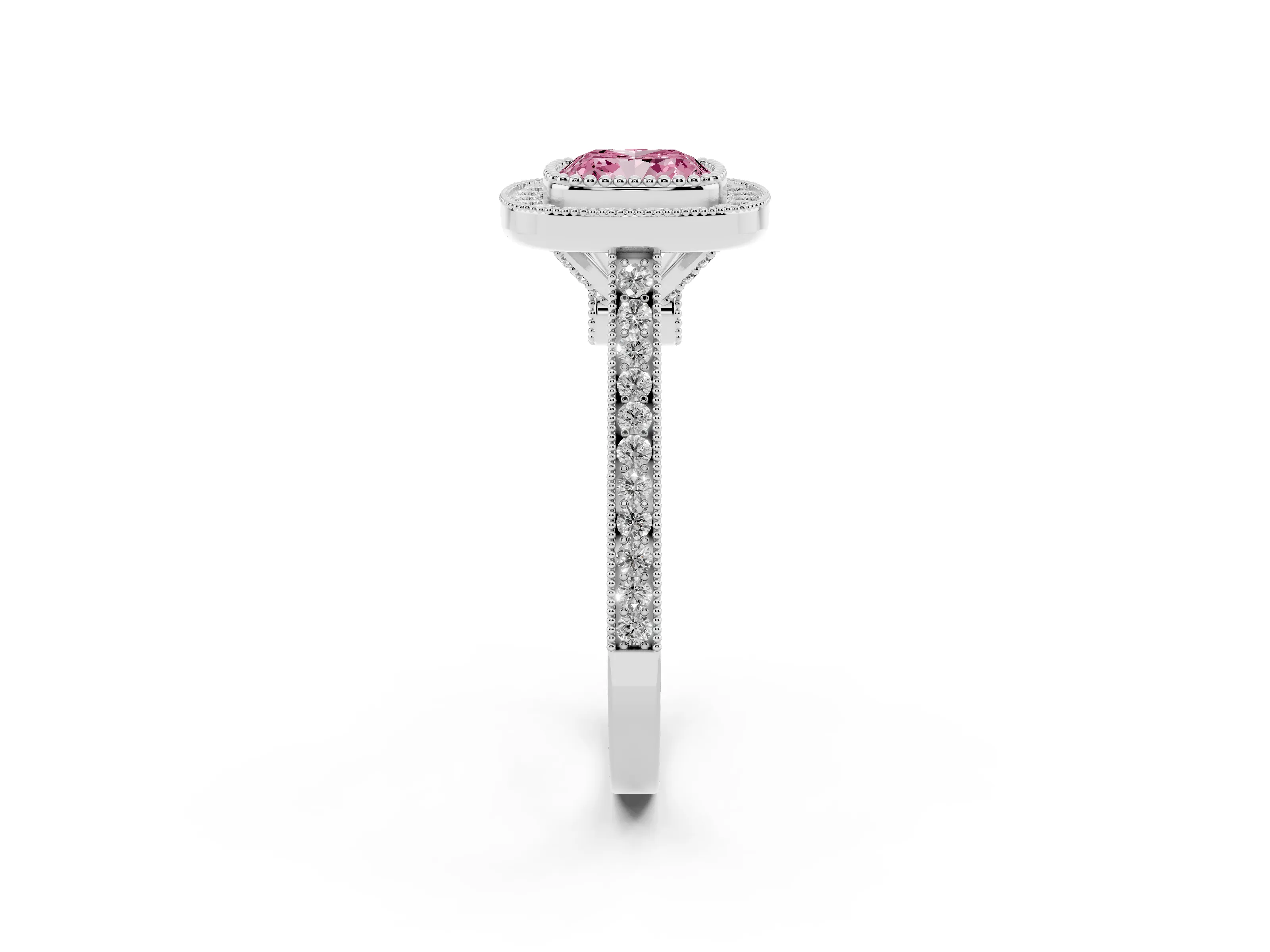 Fancy Pink Cushion Cut Diamond Halo Ring Set in White gold with Milgrain Frame and Pavé Band