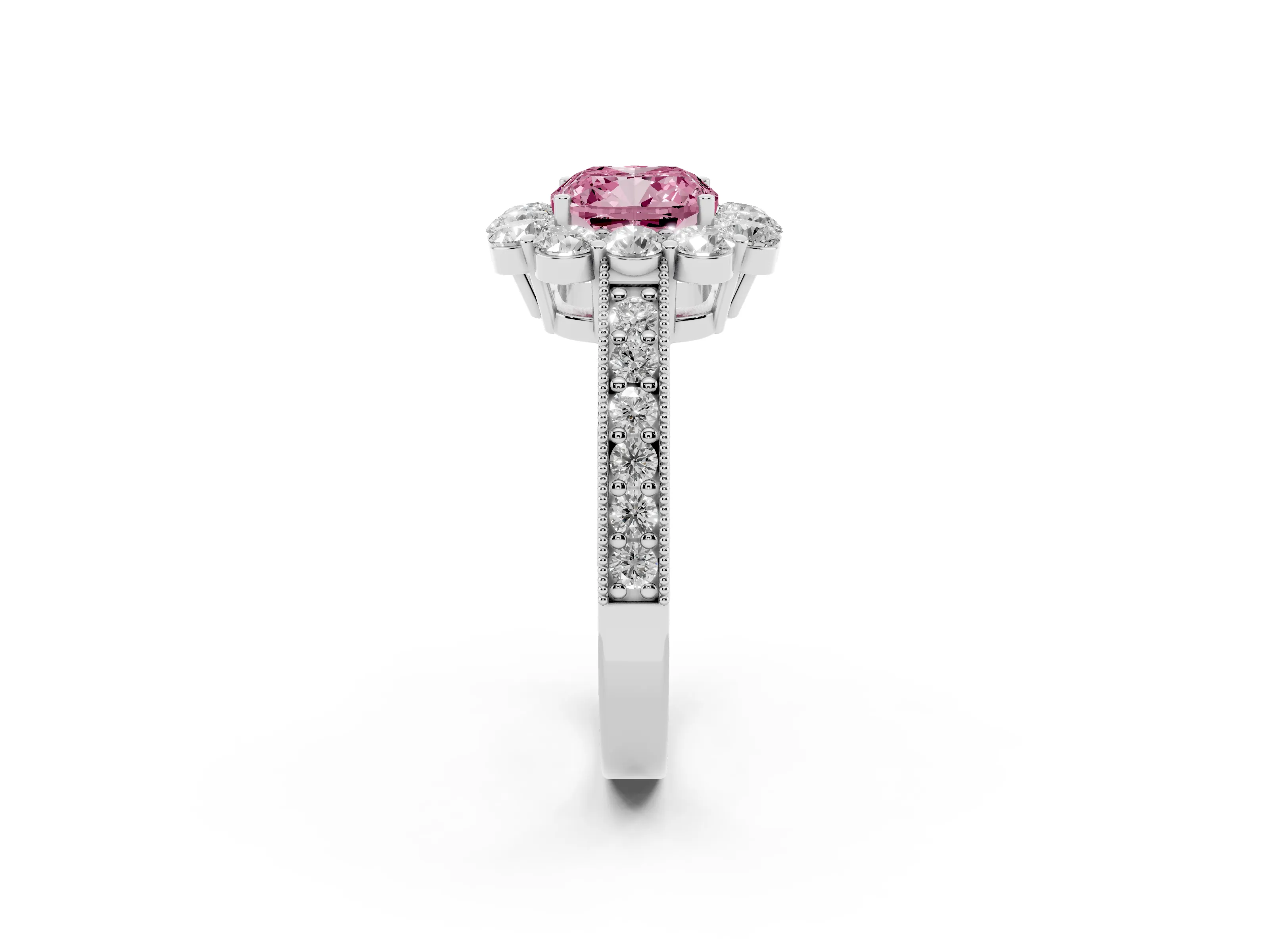 Fancy Pink Cushion Cut Diamond Halo Pavé Engagement Ring Set in Silver with Milgrain Detailing