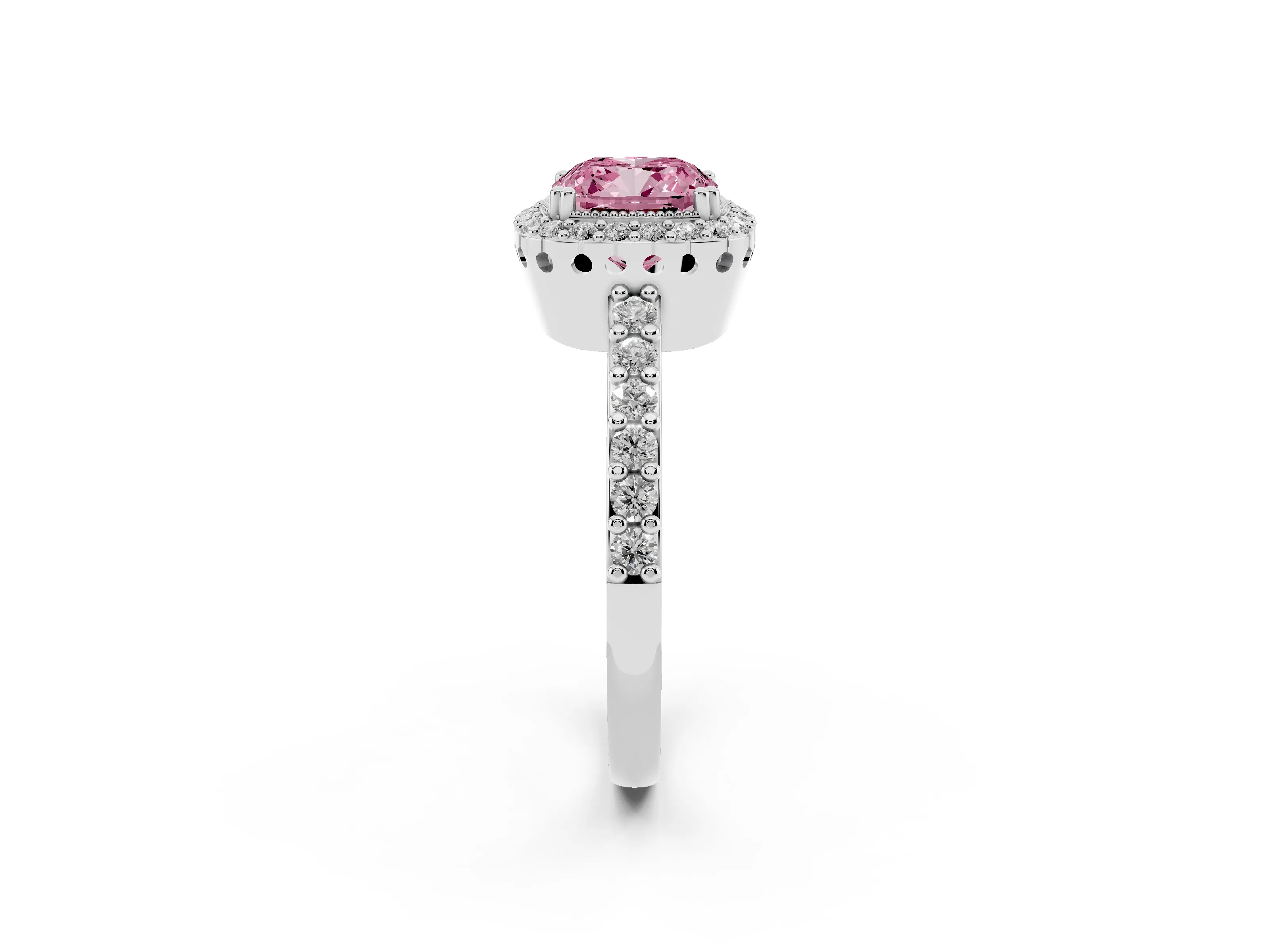 Fancy Pink Cushion Cut Diamond Halo Engagement Ring Set in Platinum with Milgrain Detail and Pavé Band