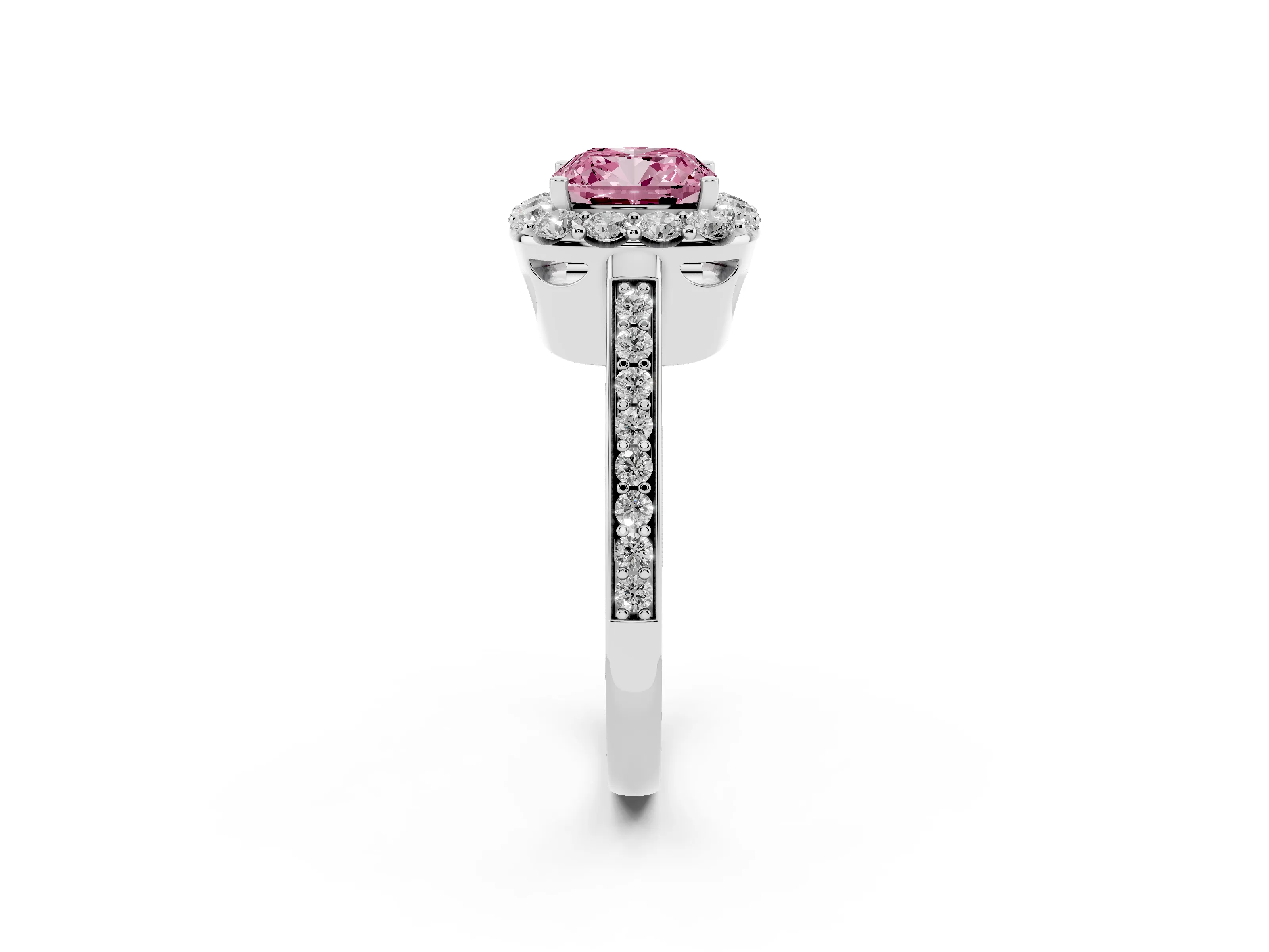 Fancy Pink Cushion Cut Diamond Floral Halo Ring Set in White gold with Pavé Band and Prong Setting