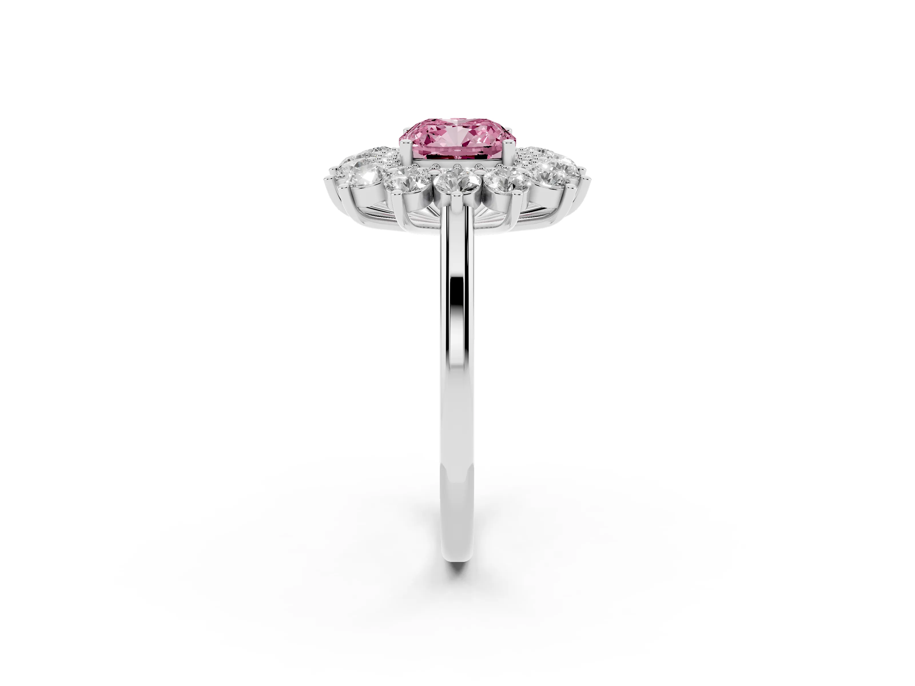 Fancy Pink Cushion Cut Diamond Floral Double Halo Ring Set in White gold with Round Petals