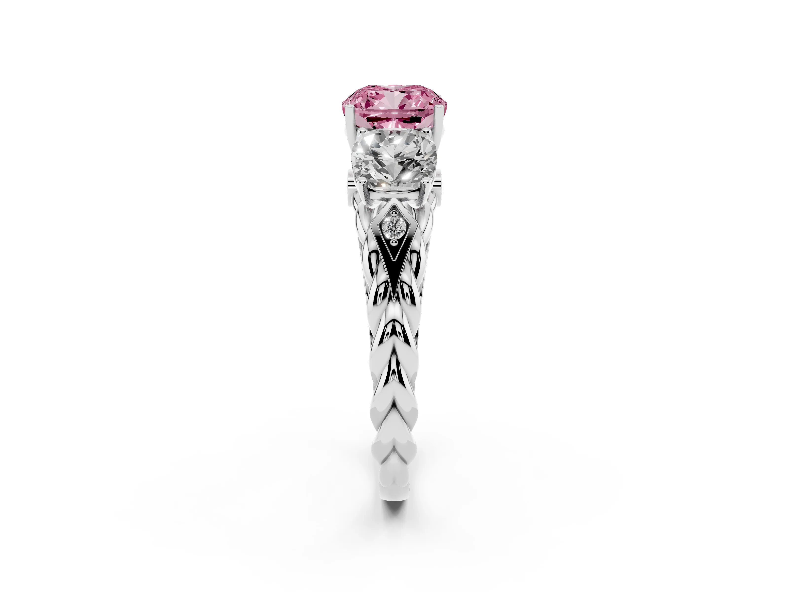 Fancy Pink Cushion Cut Diamond Three-Stone Ring Set in Platinum with Braided Band