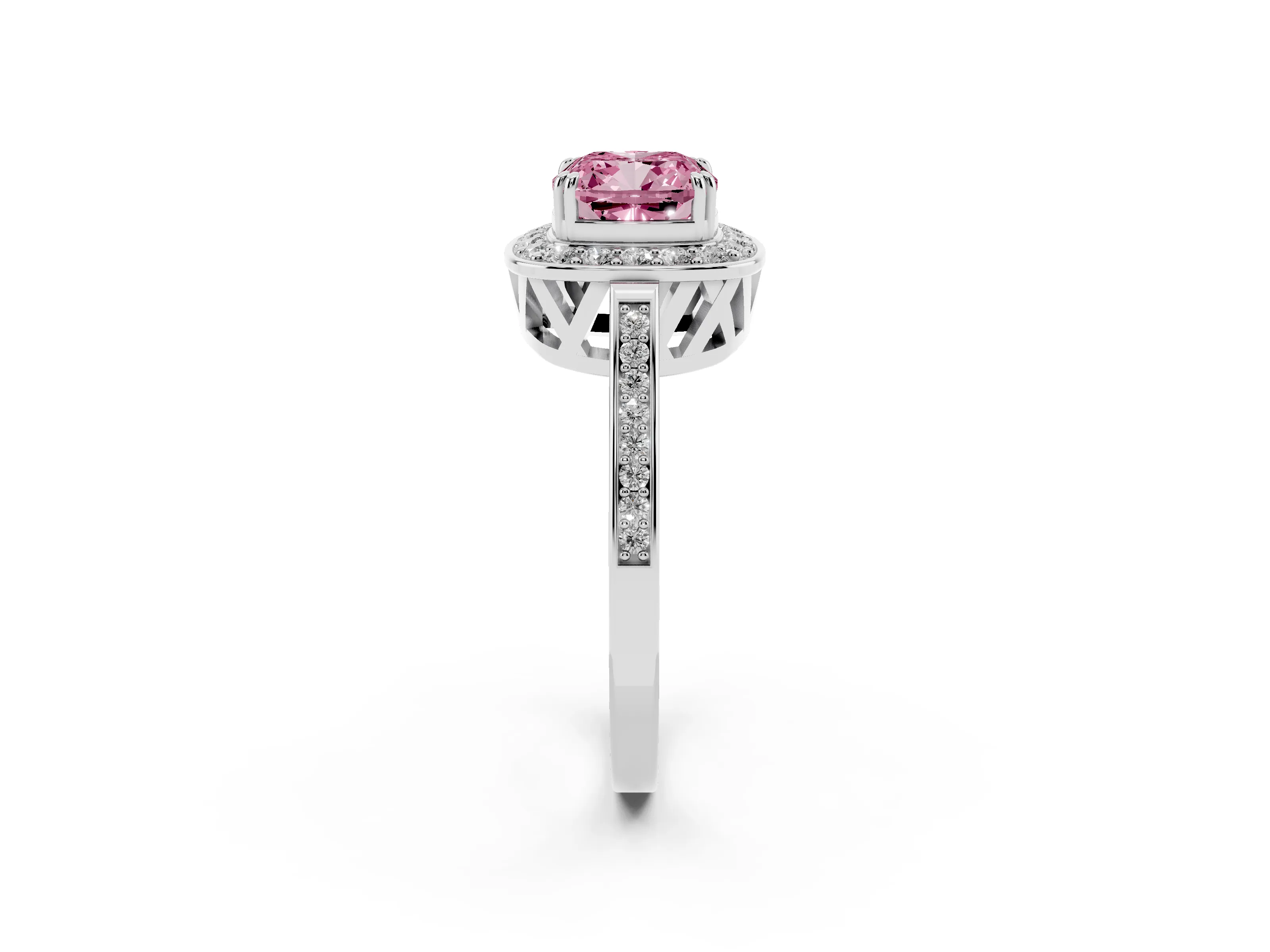 Fancy Pink Cushion Cut Diamond Halo Ring Set in Platinum with Accent-Lined Split Shank and Prong Setting