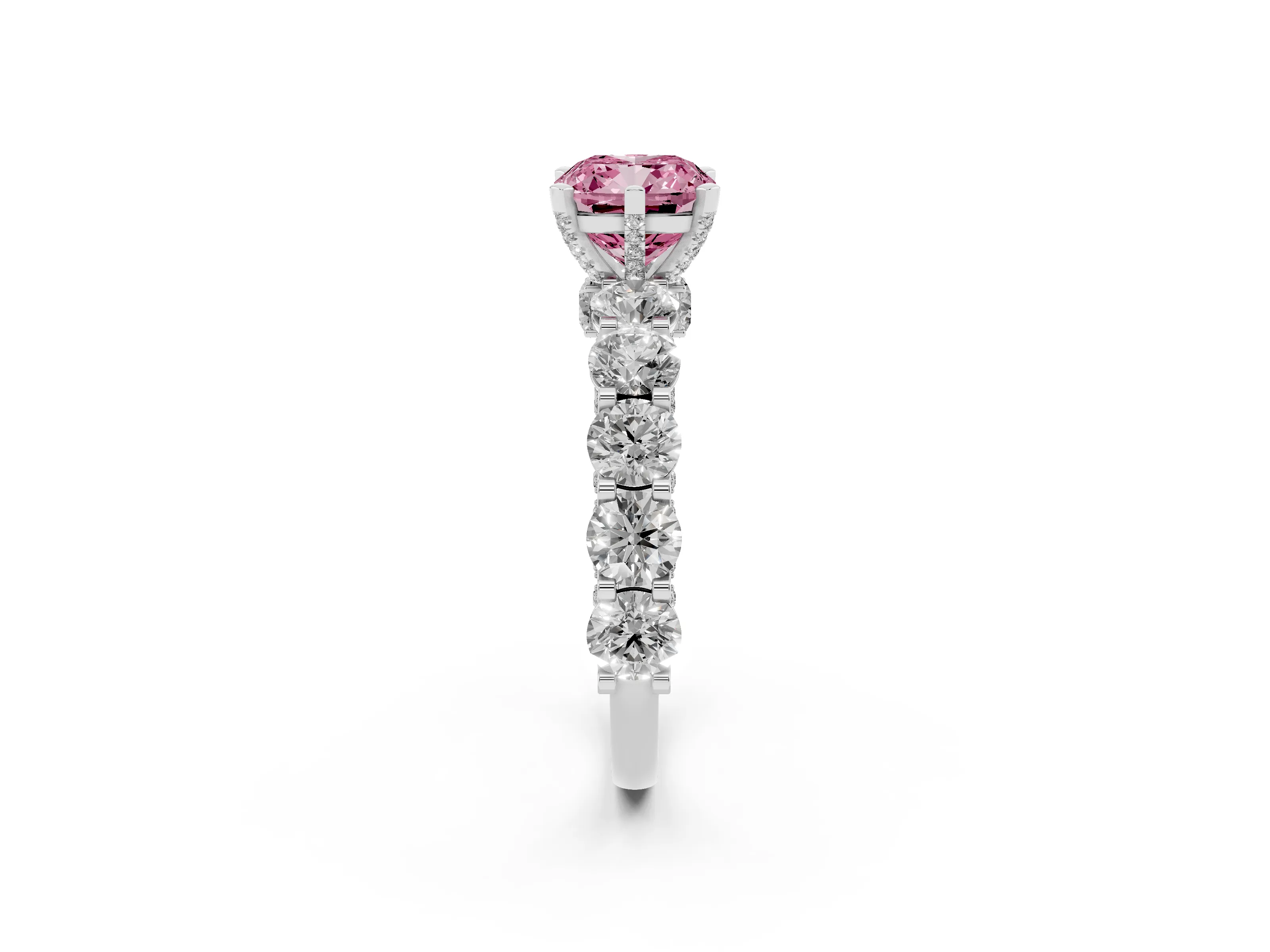 Fancy Pink Cushion Cut Diamond Side Stone Ring Set in Silver with Alternating Round and Oval Side Stones