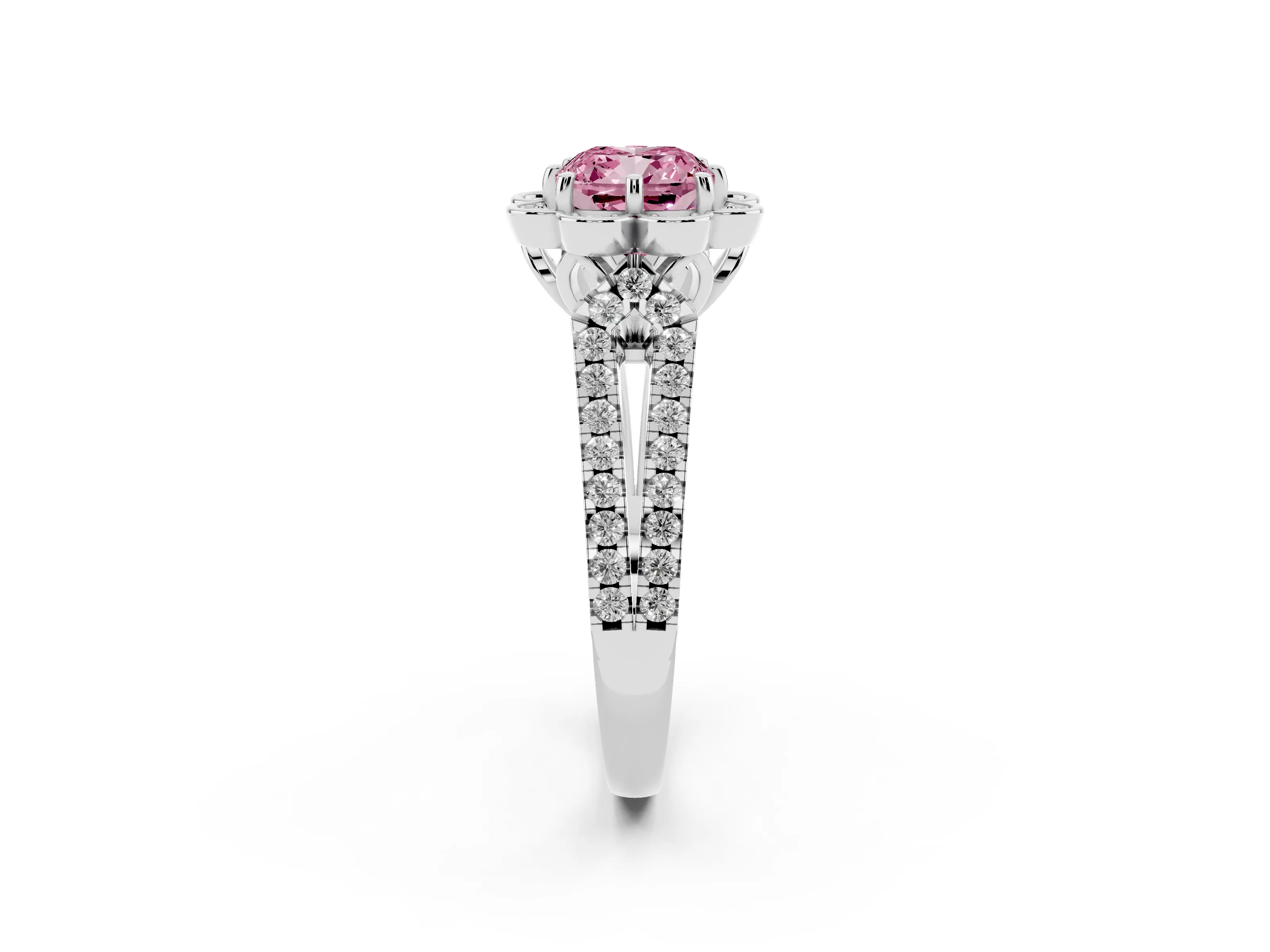Fancy Pink Cushion Cut Diamond Floral Halo Split Shank Engagement Ring Set in Silver with Pavé Shank