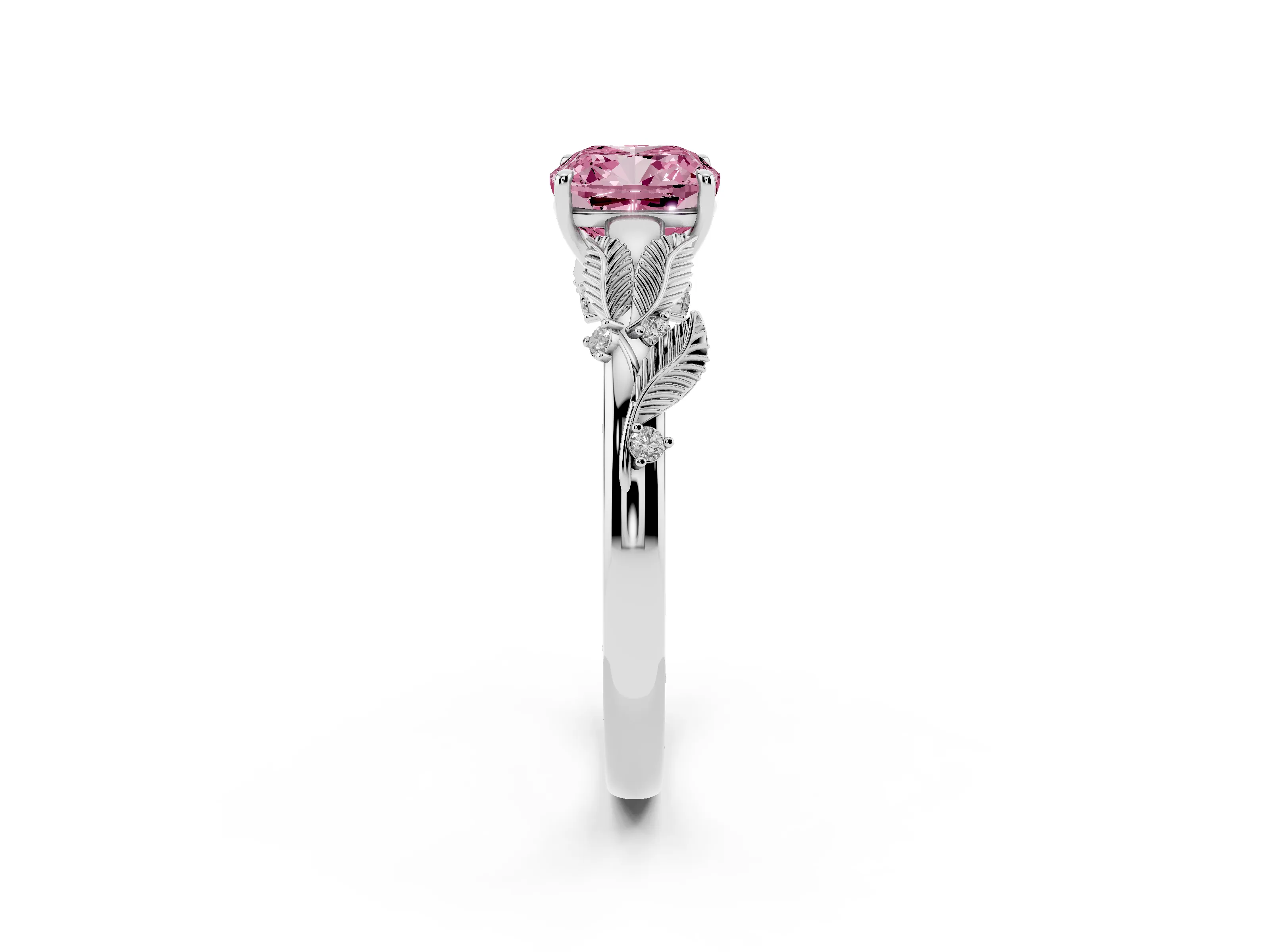 Fancy Pink Cushion Cut Diamond Solitaire Ring Set in Silver with Leaf Motif Band