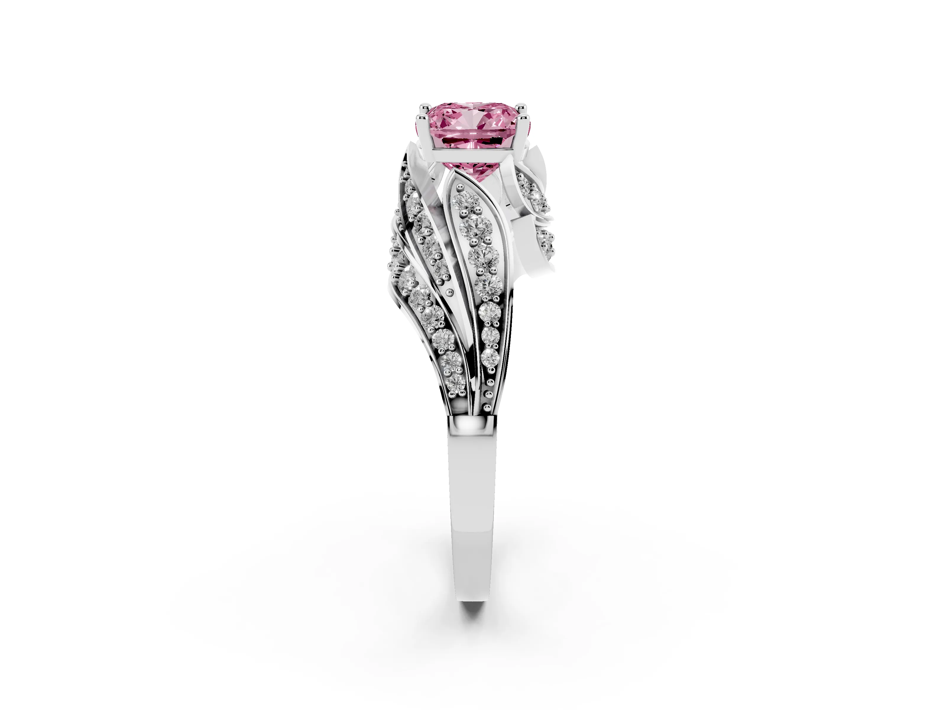Fancy Pink Cushion Cut Diamond Solitaire Ring Set in White gold with Layered Twist Pavé Band