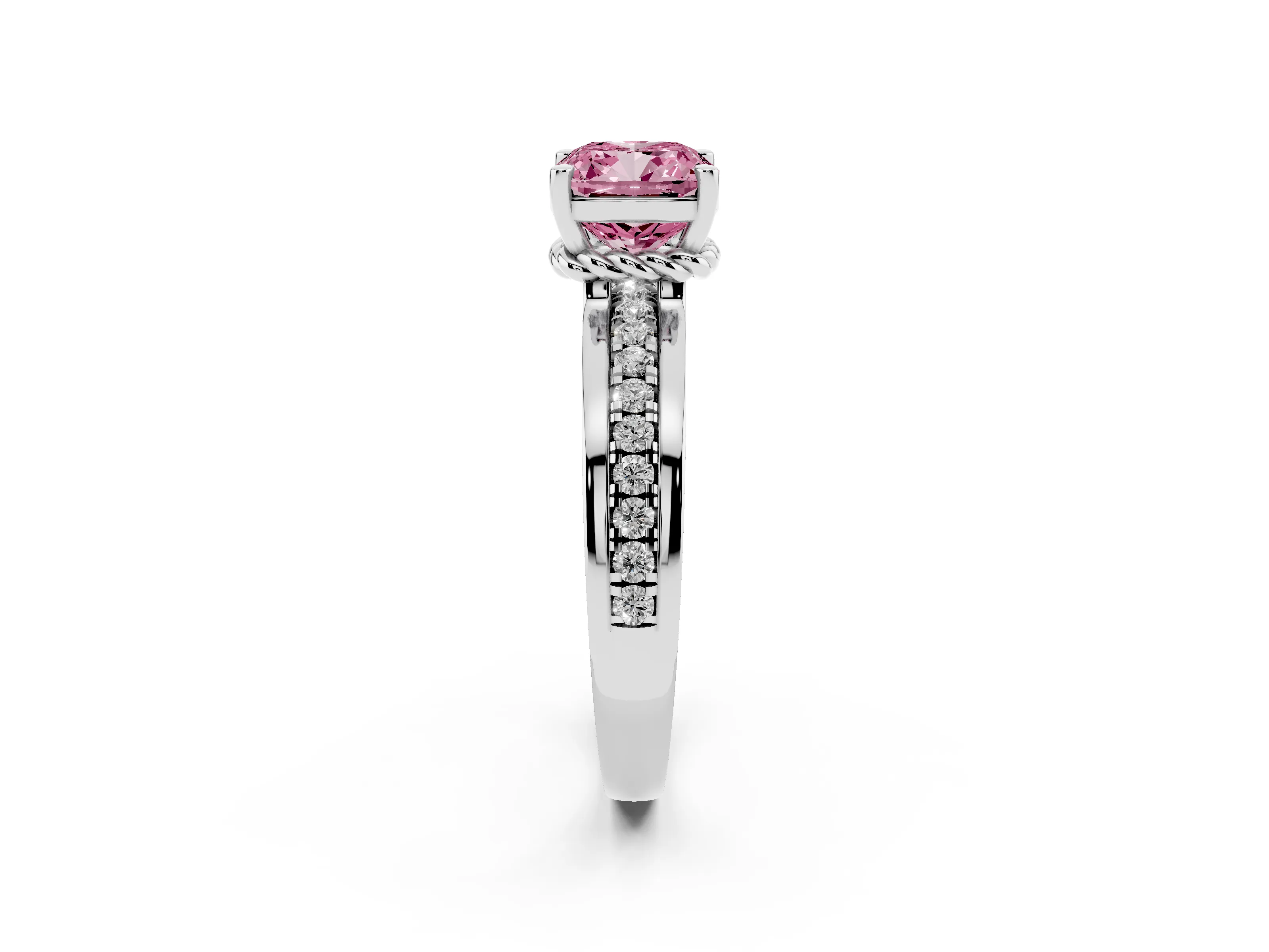 Fancy Pink Cushion Cut Diamond Solitaire Ring Set in Silver with Channel Set Band and Prong Setting