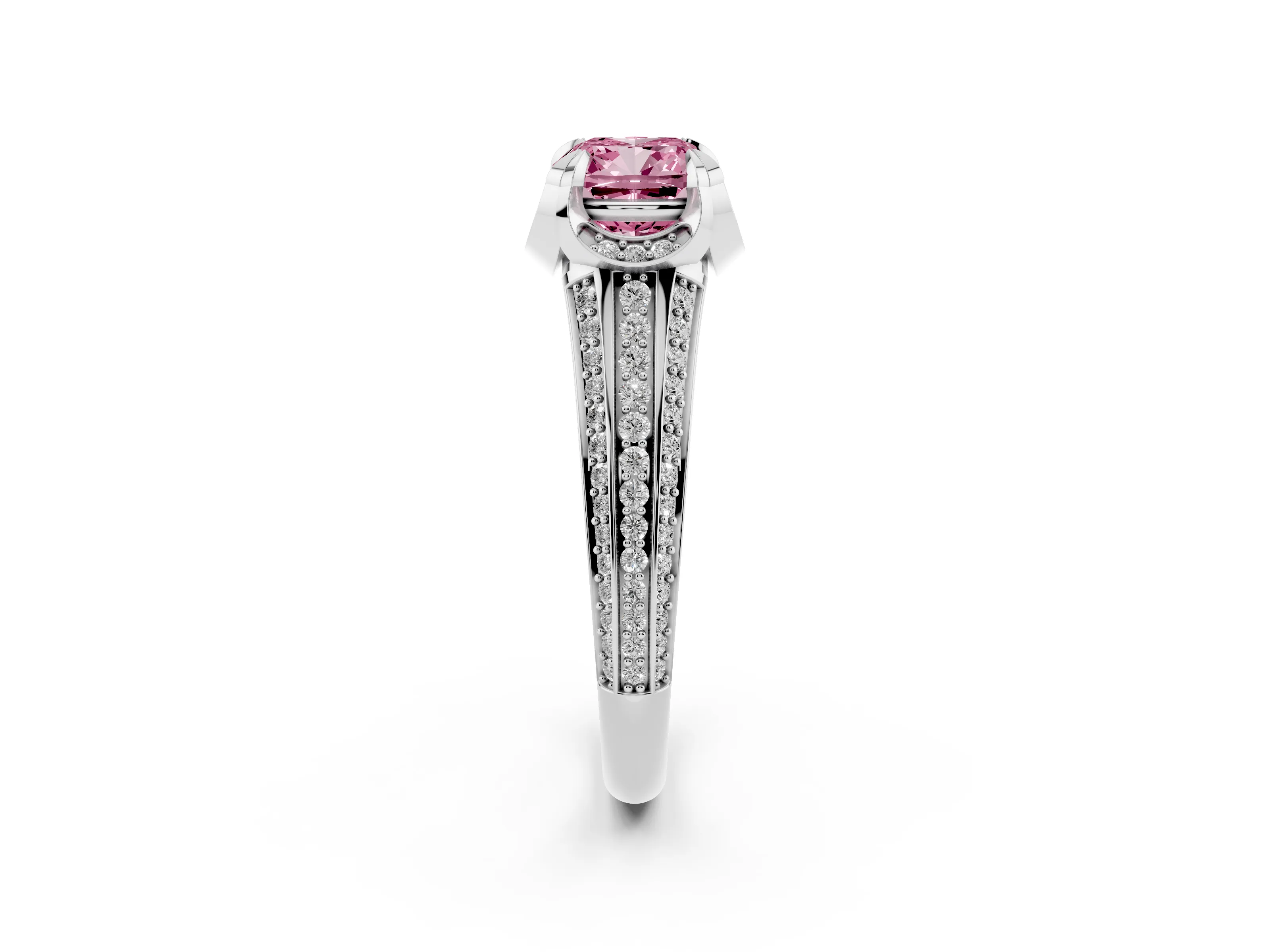 Fancy Pink Cushion Cut Diamond Pavé Split Shank Solitaire Ring Set in Platinum with Prong Setting