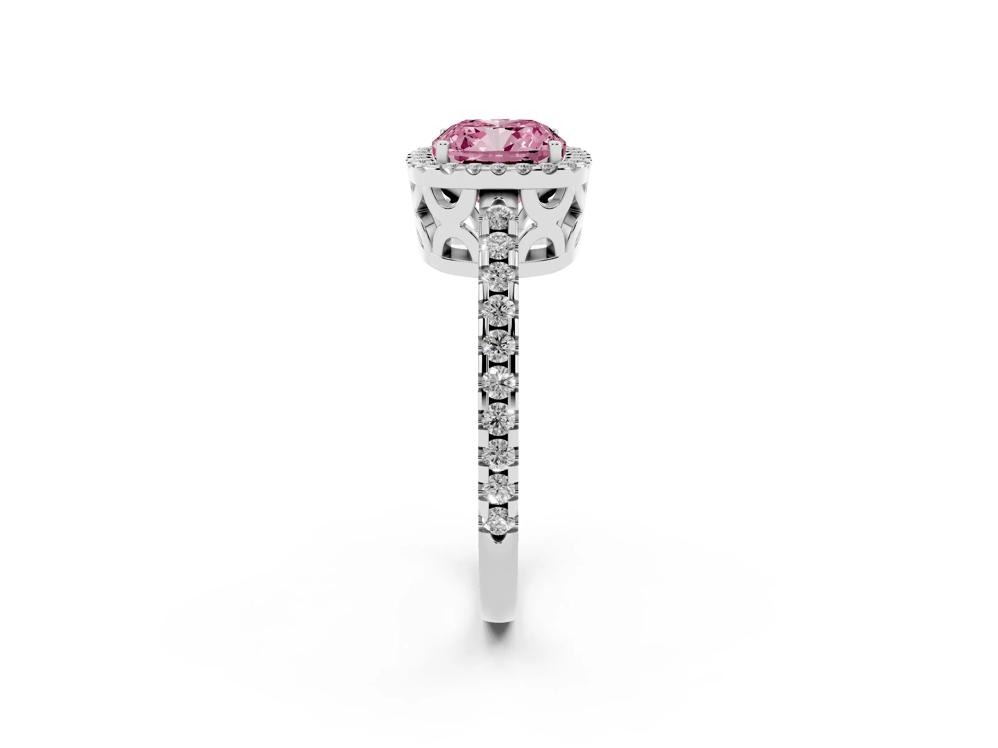 Fancy Pink Cushion Cut Diamond Halo Ring Set in White gold with Pavé Shoulders and Halo-Framed Center
