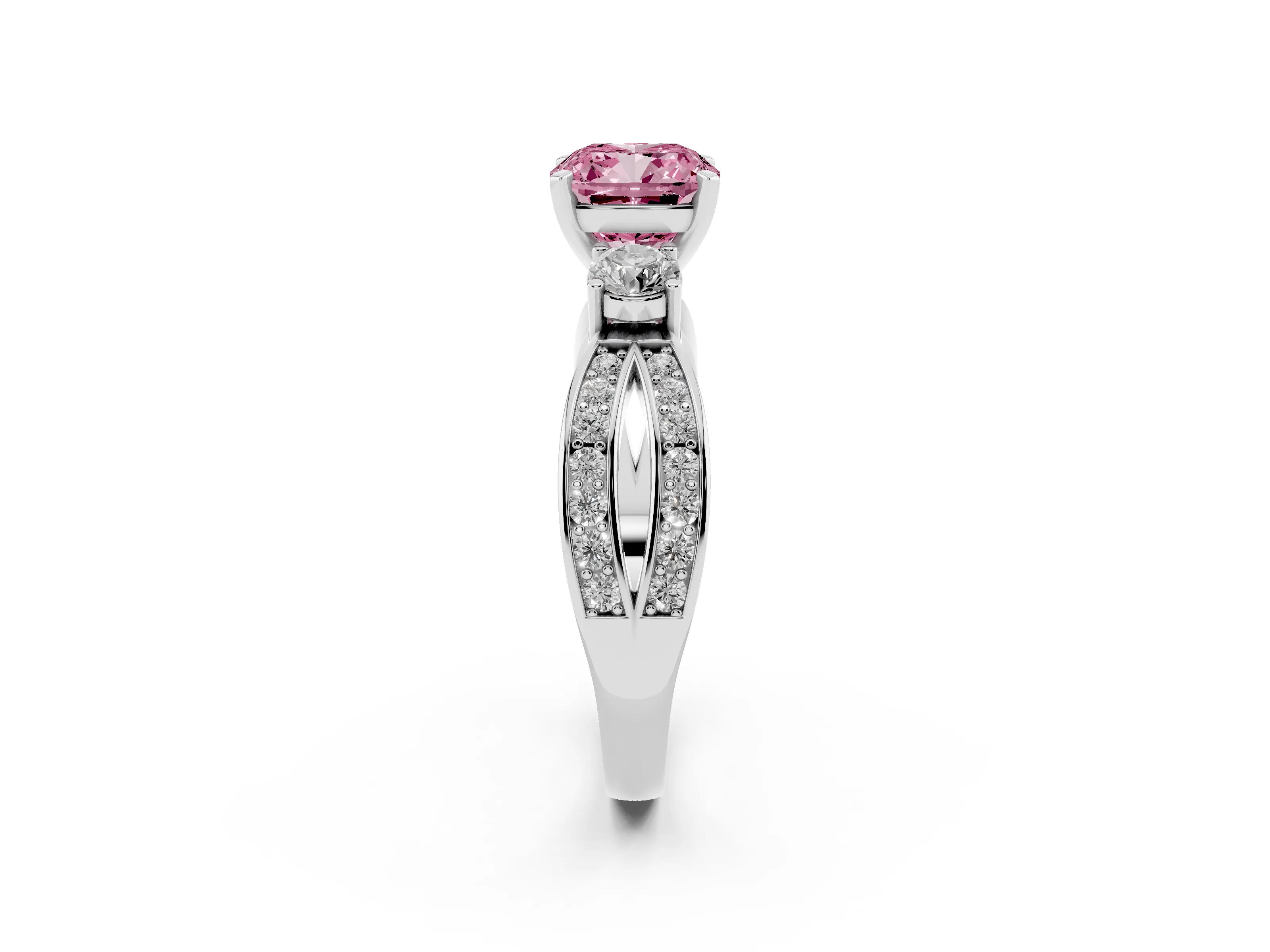 Fancy Pink Three-Stone Cushion Cut Diamond Twist Band Ring Set in White gold with Pavé Accents and Prong Setting