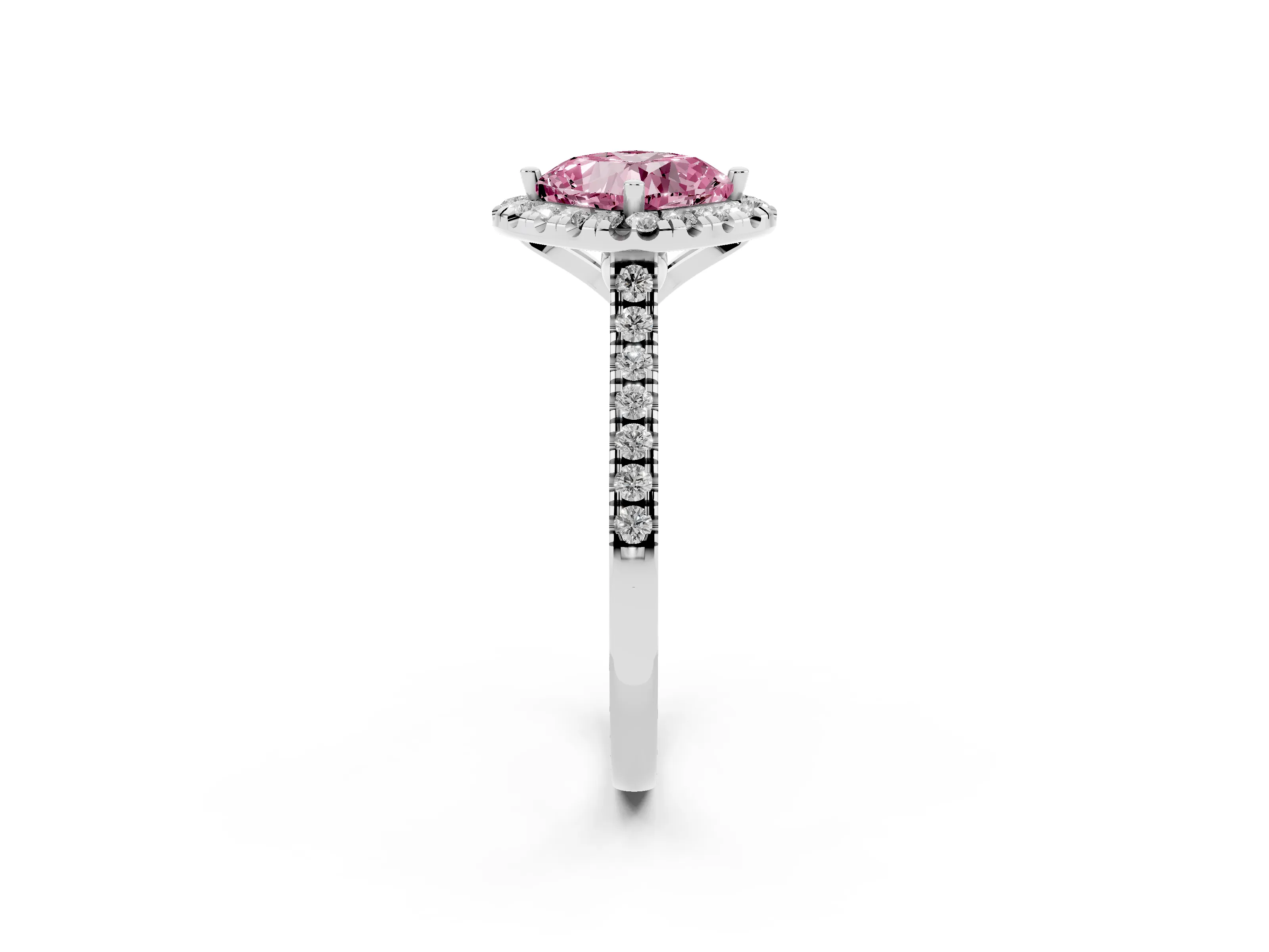 Fancy Pink Cushion Cut Diamond Cushion Halo Ring Set in Silver with Pavé Band