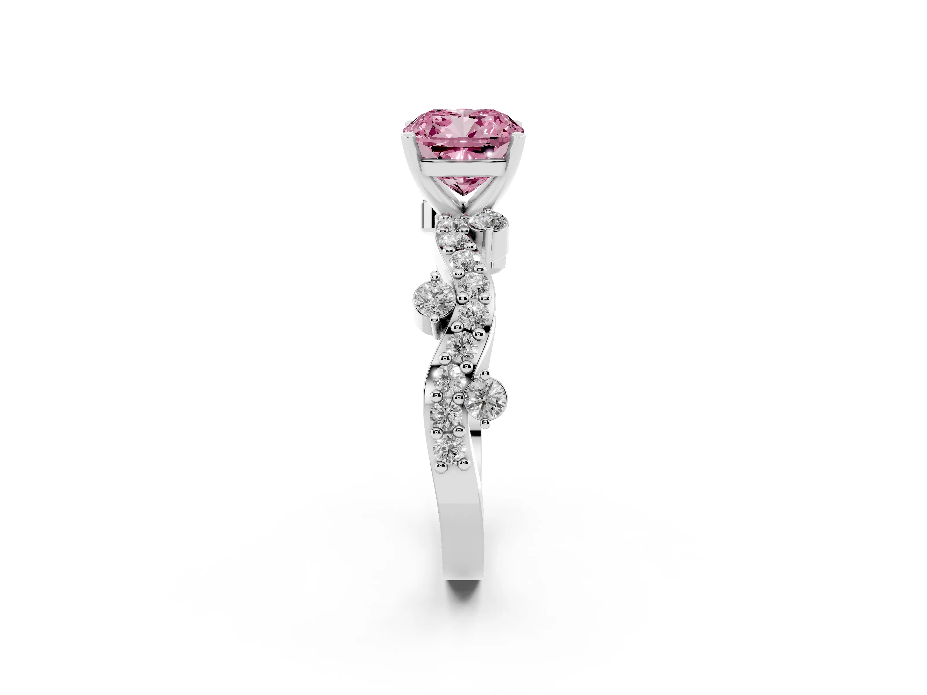 Fancy Pink Cushion Cut Diamond Solitaire Twisted Band Set in White gold with Pavé Setting