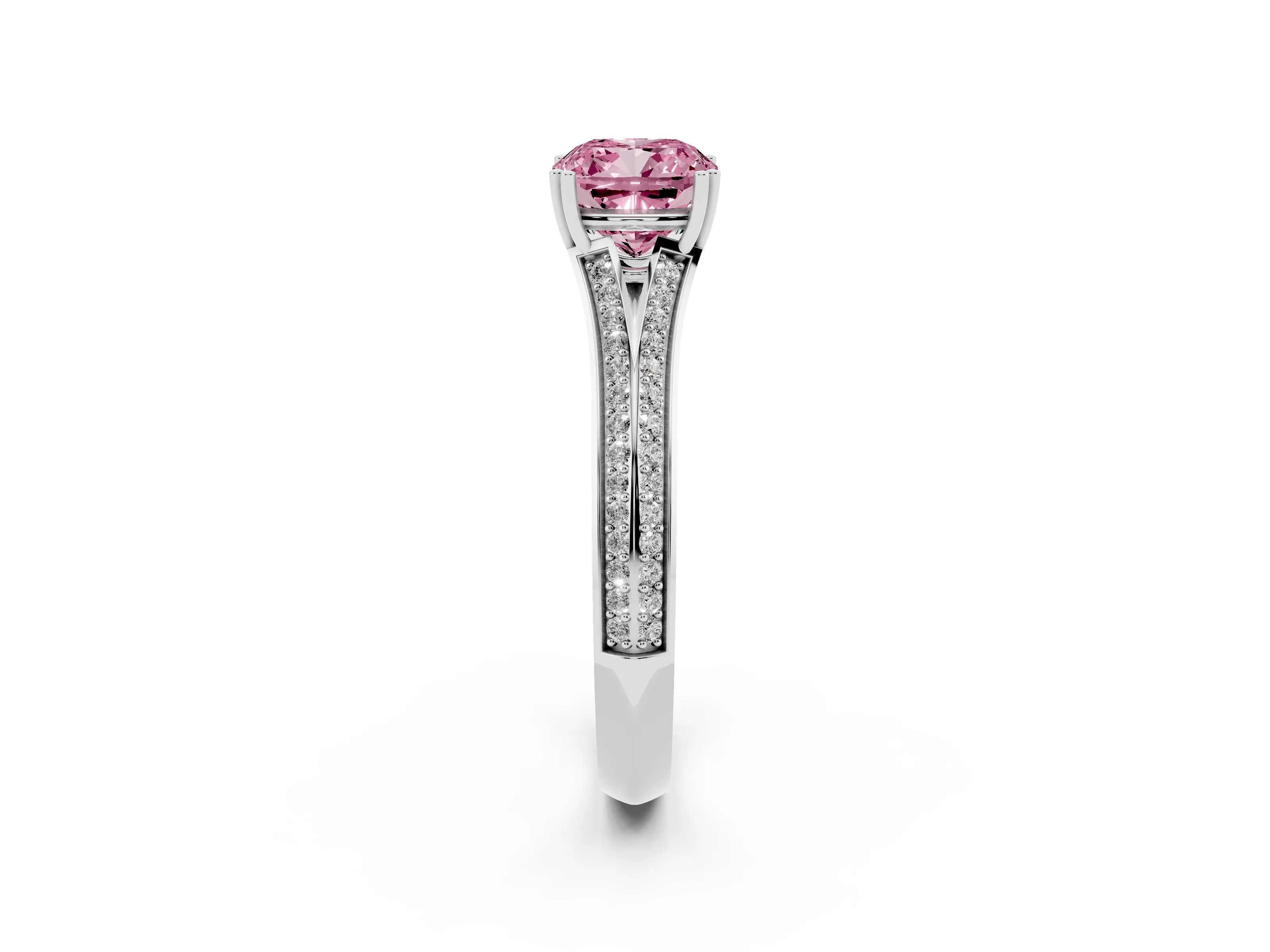 Fancy Pink Cushion Cut Diamond Split Shank Pavé Engagement Ring Set in White gold with Prong-Set Center Stone