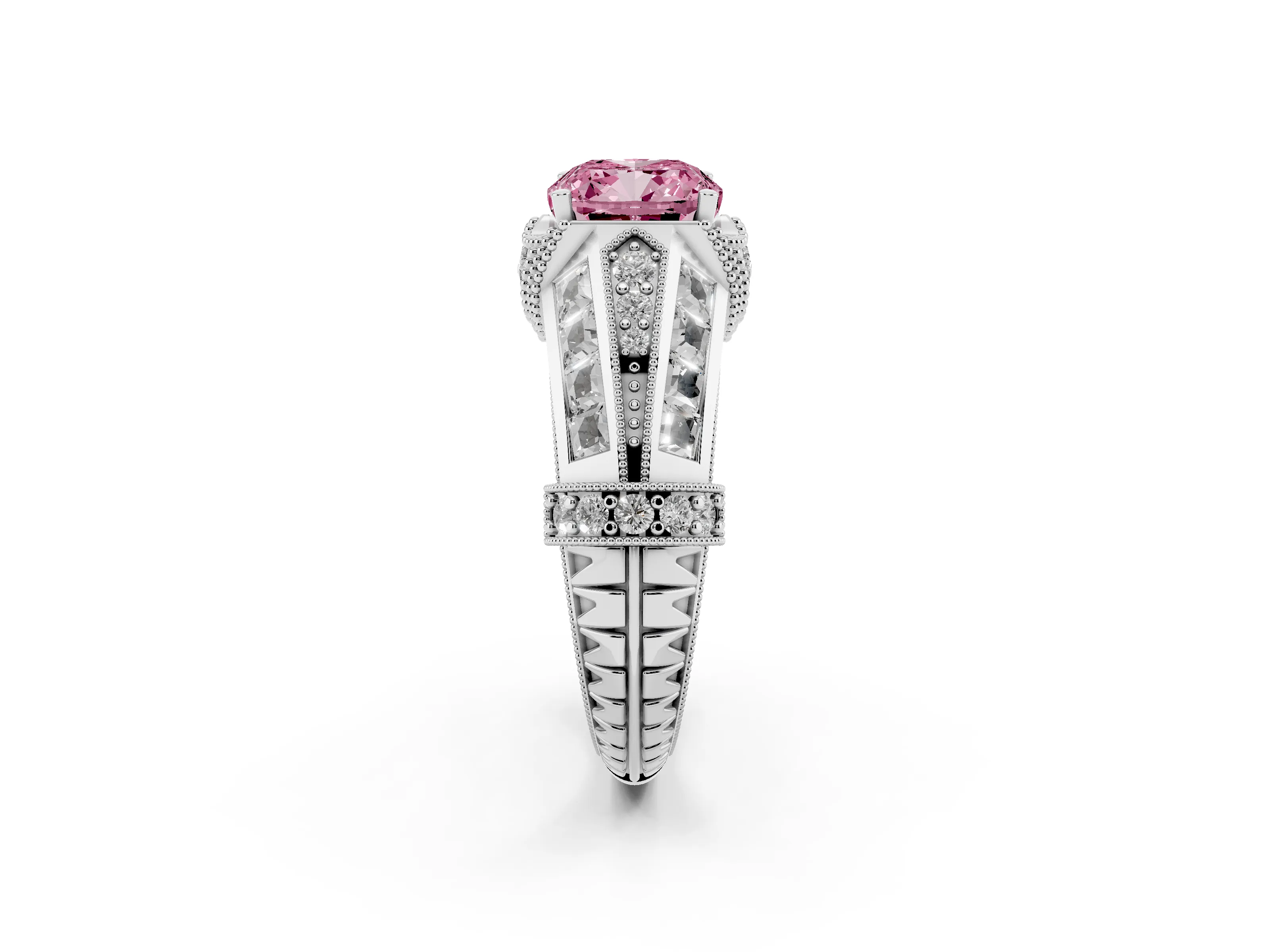 Fancy Pink Cushion Cut Diamond Vintage-Inspired Milgrain Ring Set in Silver with Accent Split Shank