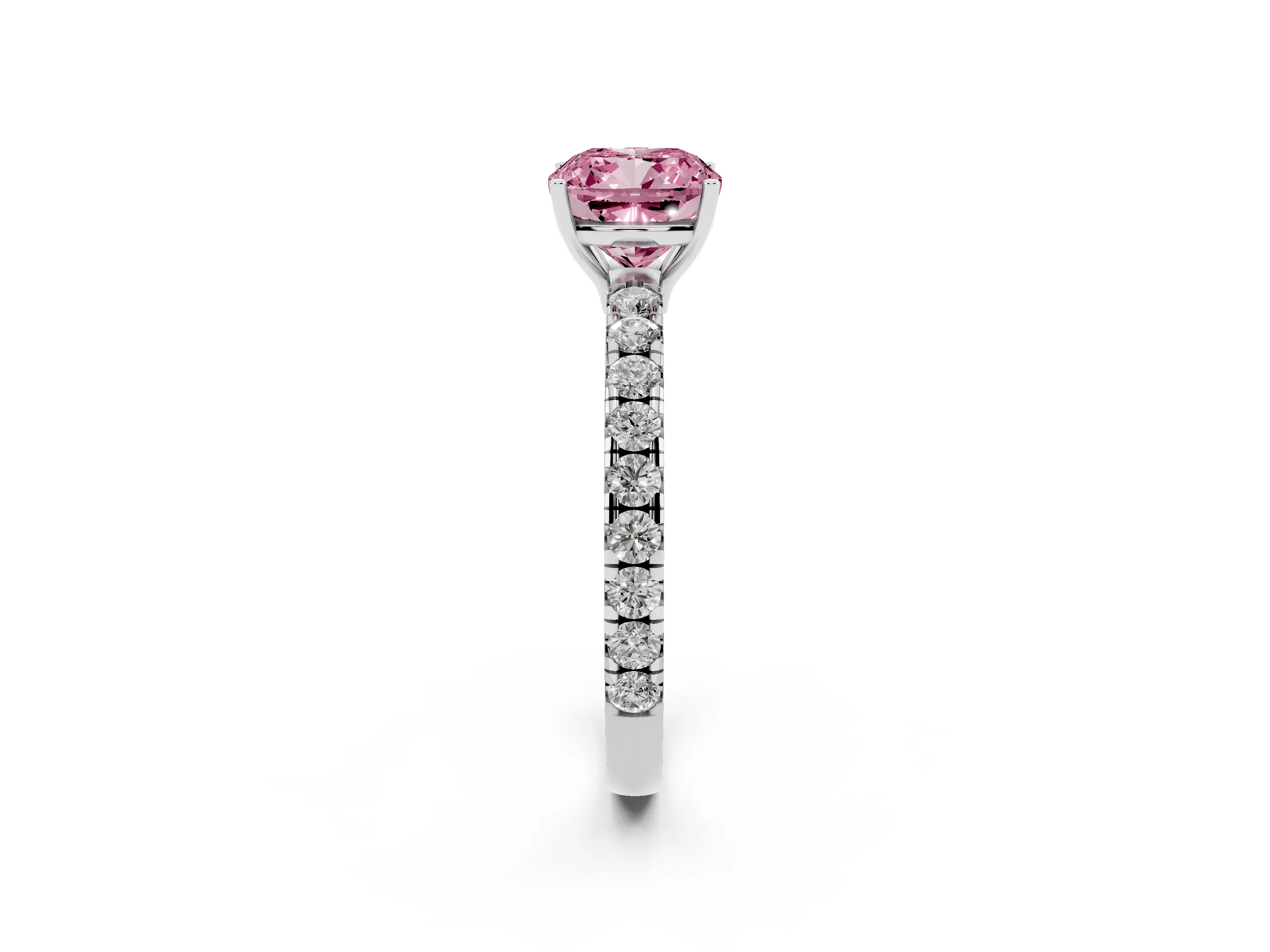 Fancy Pink Cushion Cut Diamond Pavé Solitaire Engagement Ring Set in White gold with Prong Setting