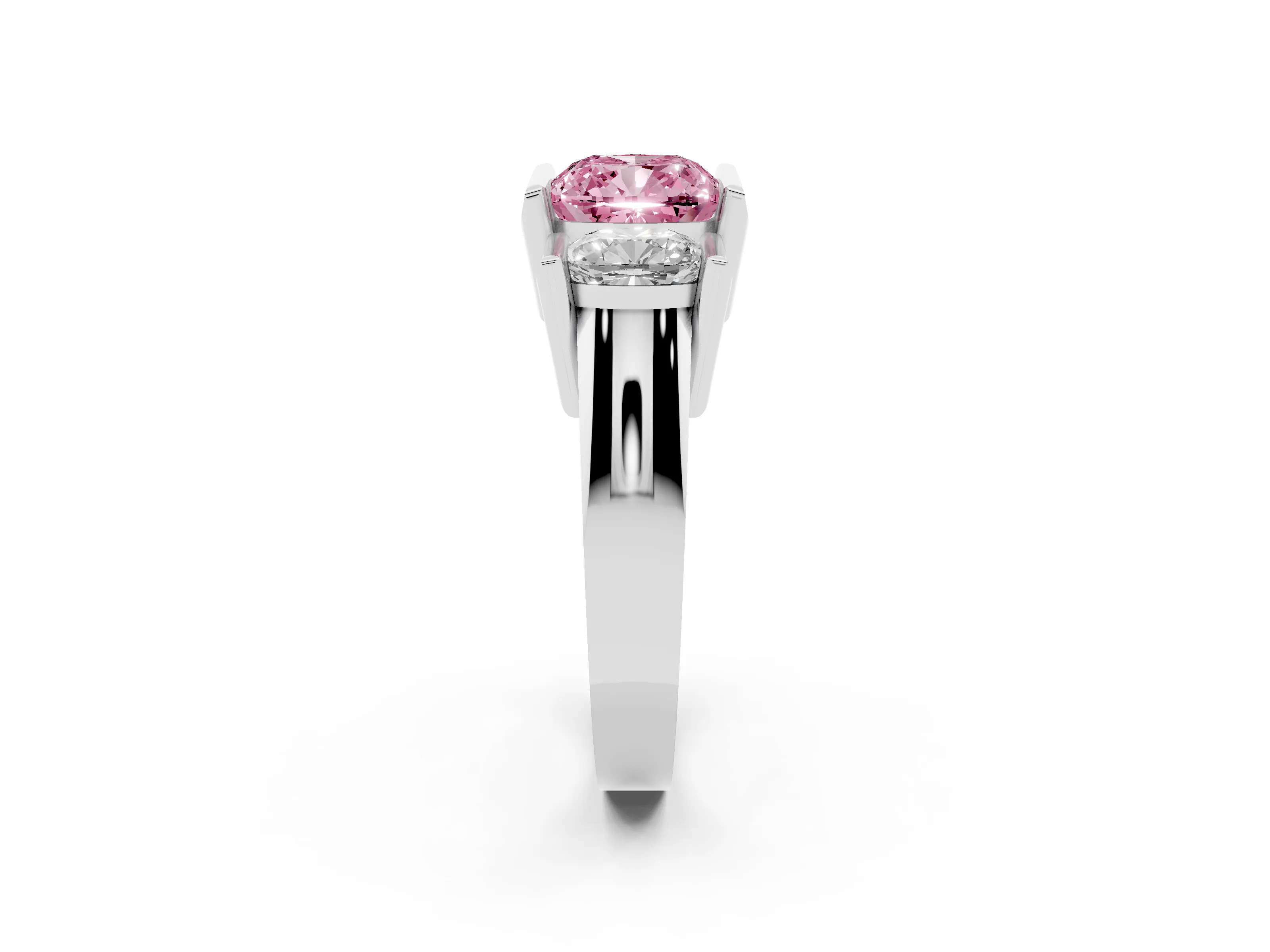 Fancy Pink Cushion Cut Diamond Three-Stone Channel Set Ring Set in Platinum with Smooth Polished Band