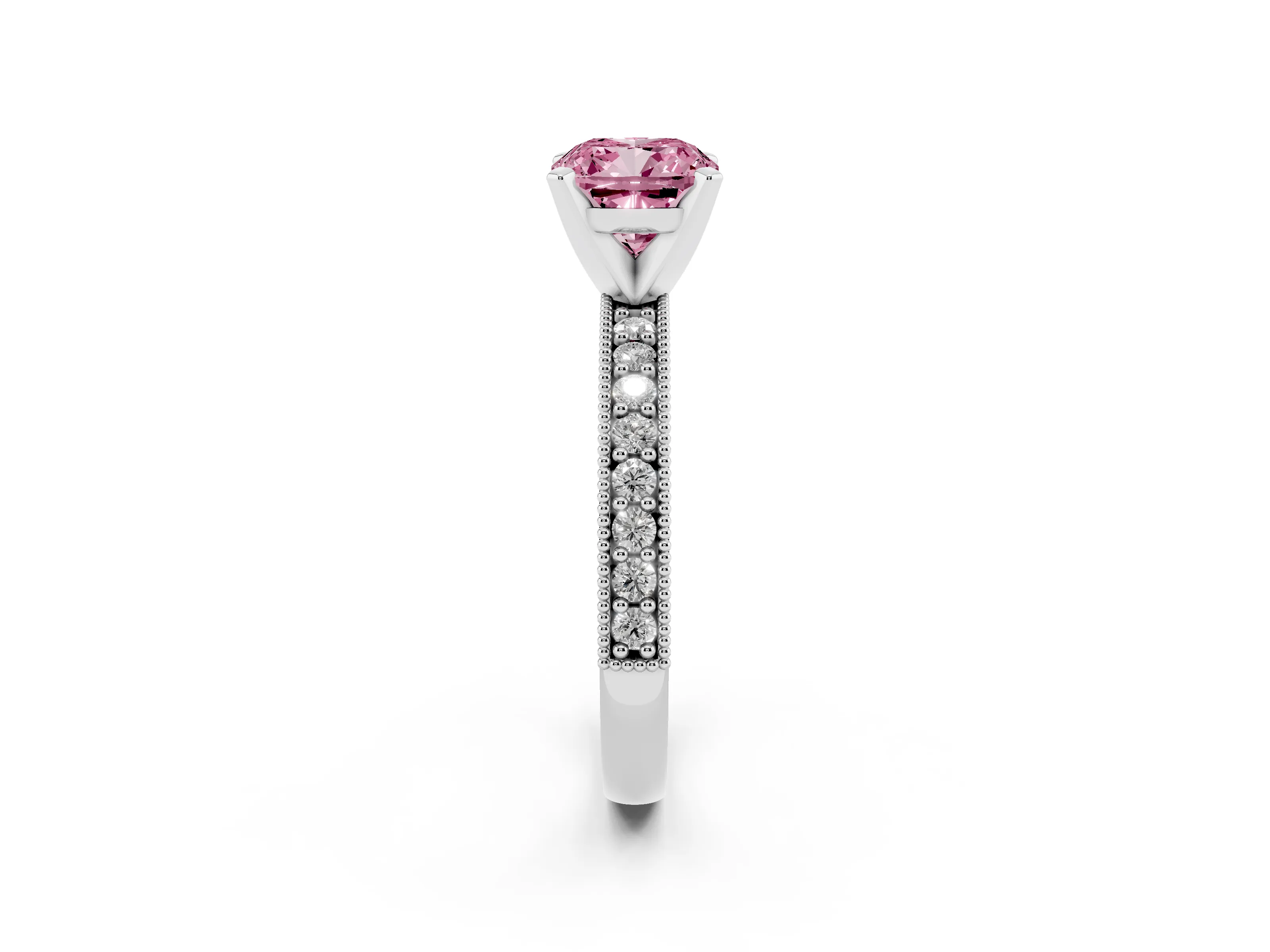 Fancy Pink Cushion Cut Diamond Milgrain Pavé Engagement Ring Set in Platinum with Prong Setting