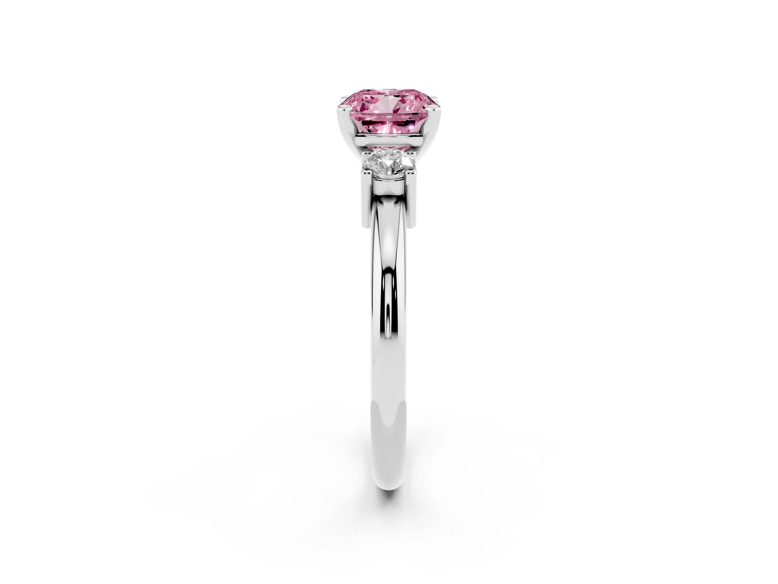 Fancy Pink Three-Stone Cushion Cut Diamond Ring Set in Platinum with Prong Setting and Plain Band