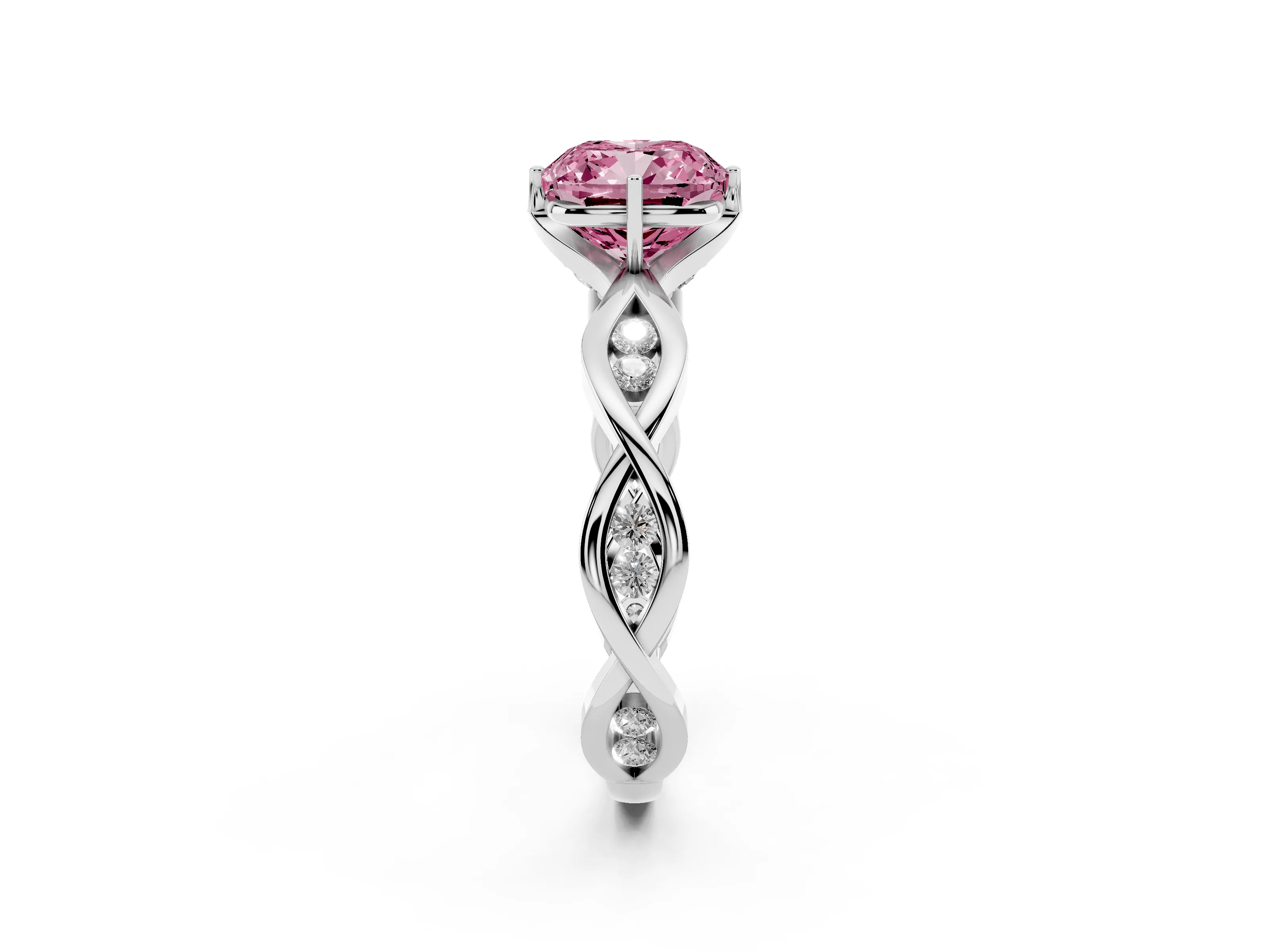 Fancy Pink Cushion Cut Diamond Twist Band Solitaire Ring Set in Platinum with Leaf Prong Setting and Accent Stones