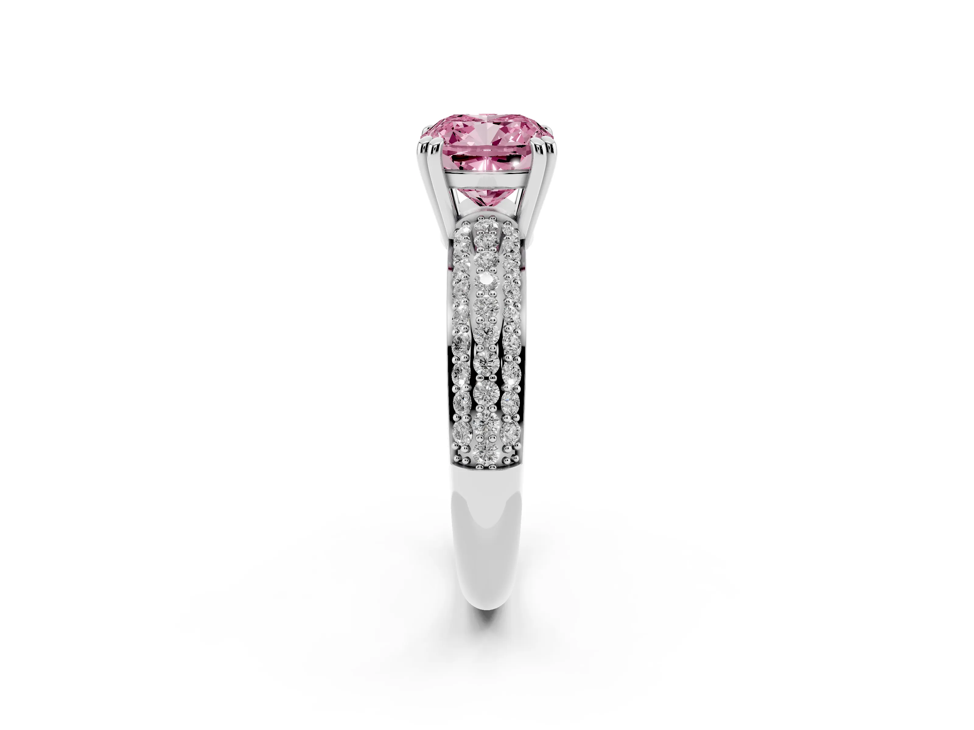 Fancy Pink Cushion Cut Diamond Solitaire Ring Set in Platinum with Multi-Row Round Pavé Band and Prong Setting