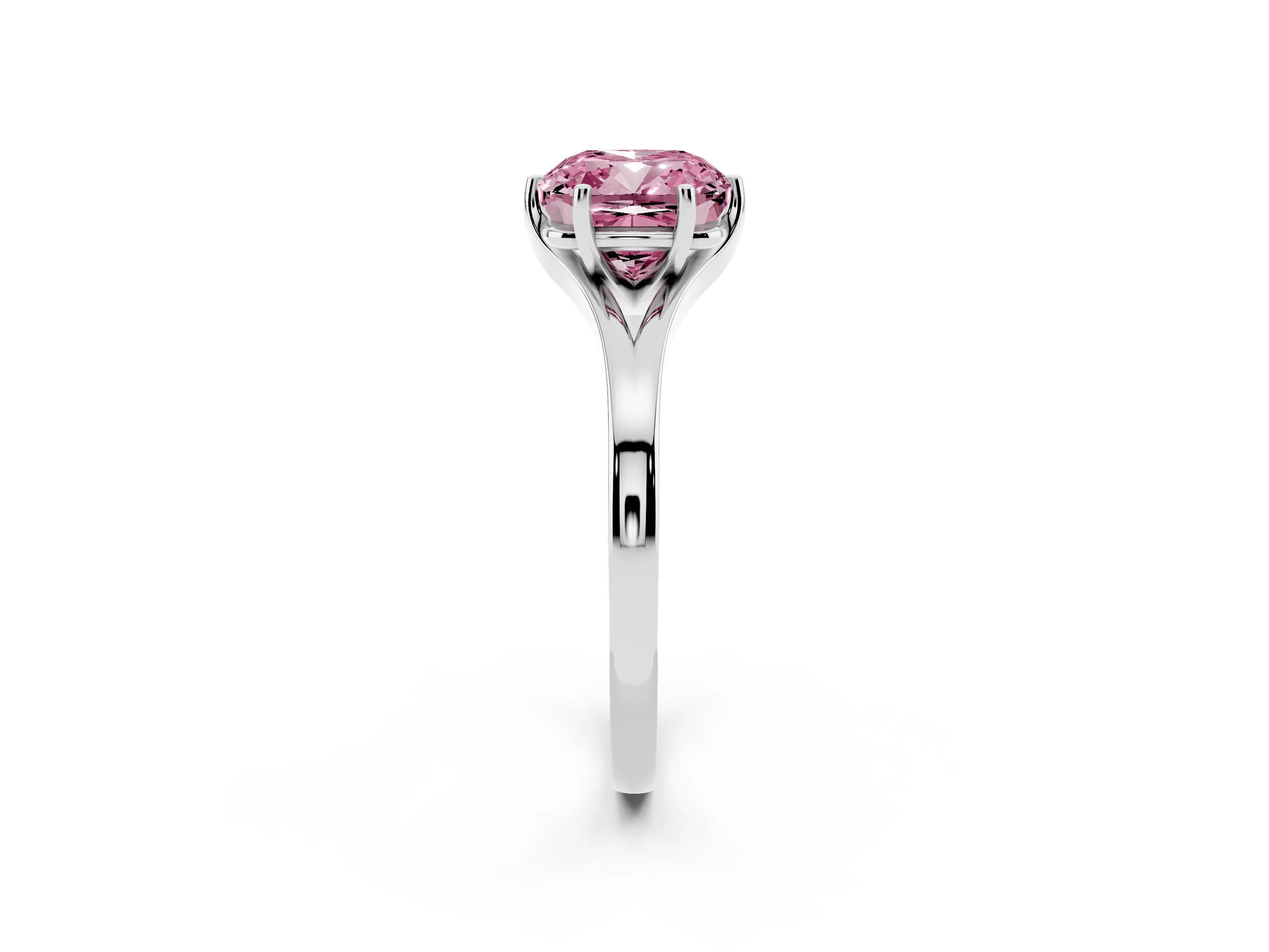 Fancy Pink Cushion Cut Diamond Solitaire Ring Set in Silver with Polished Tapered Band and Prong Setting