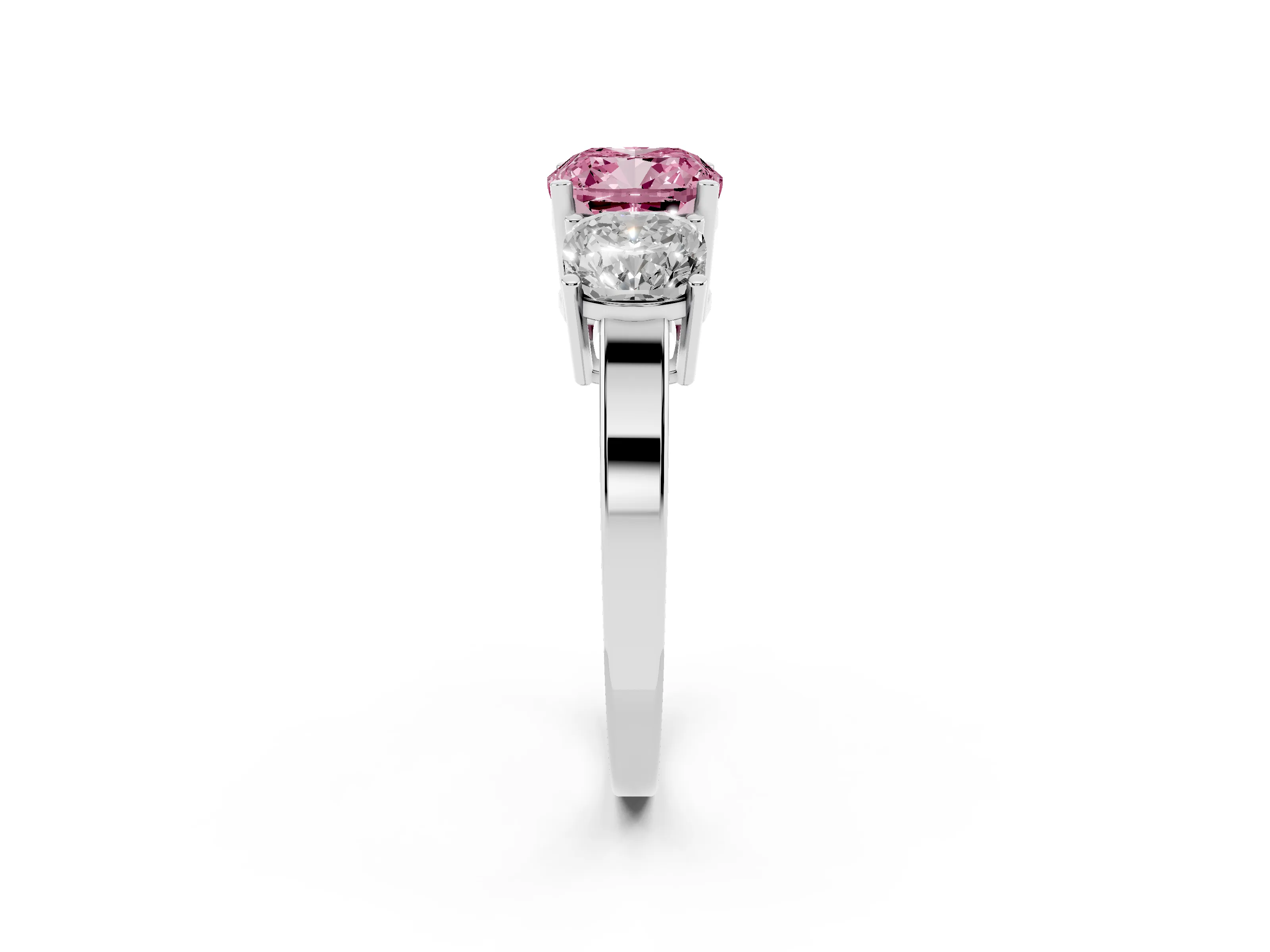 Fancy Pink Cushion Cut Diamond Three-Stone Engagement Ring Set in Silver with Flat Band