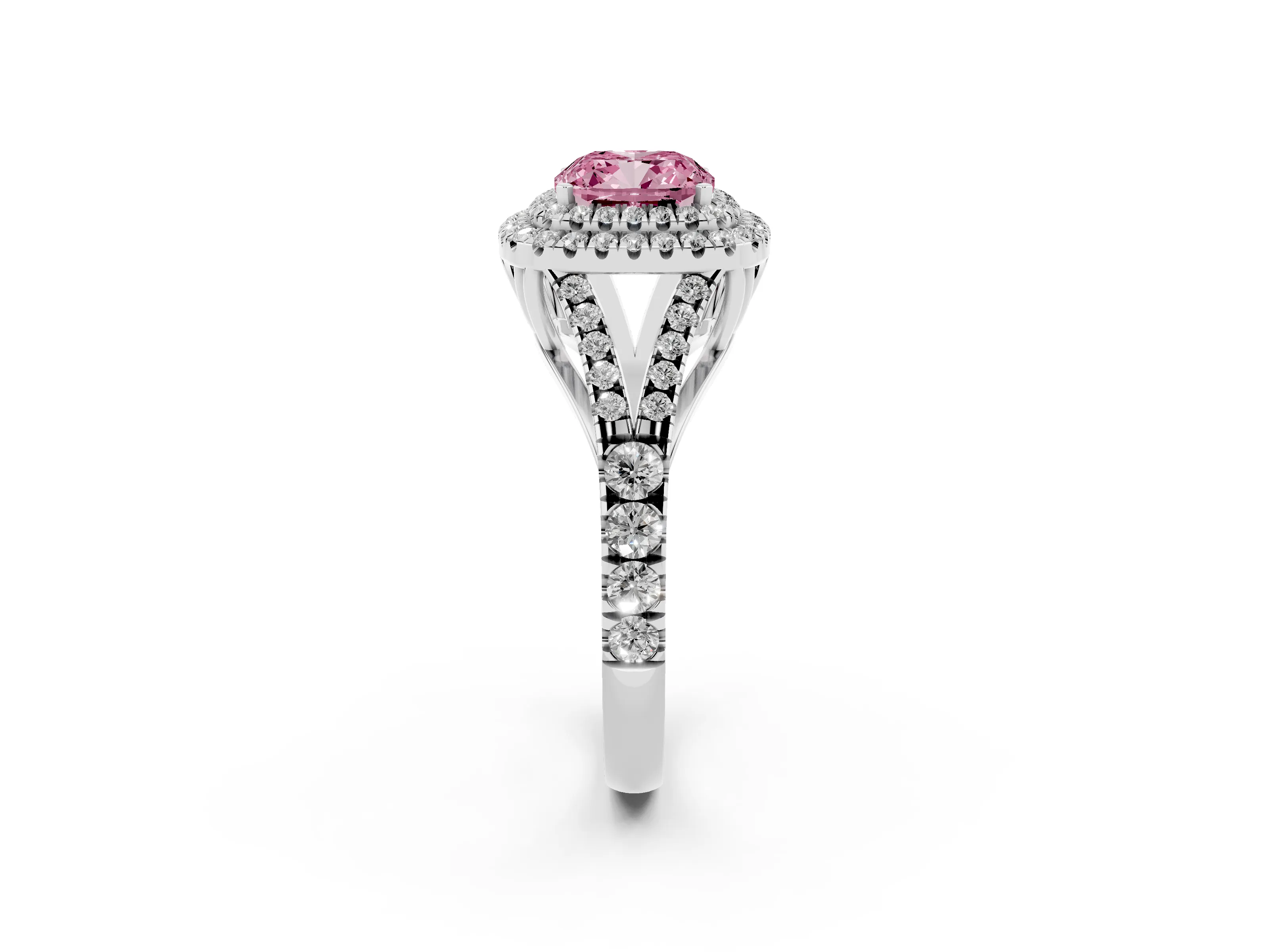 Fancy Pink Cushion Cut Diamond Pavé Split Shank Double Halo Engagement Ring Set in White gold