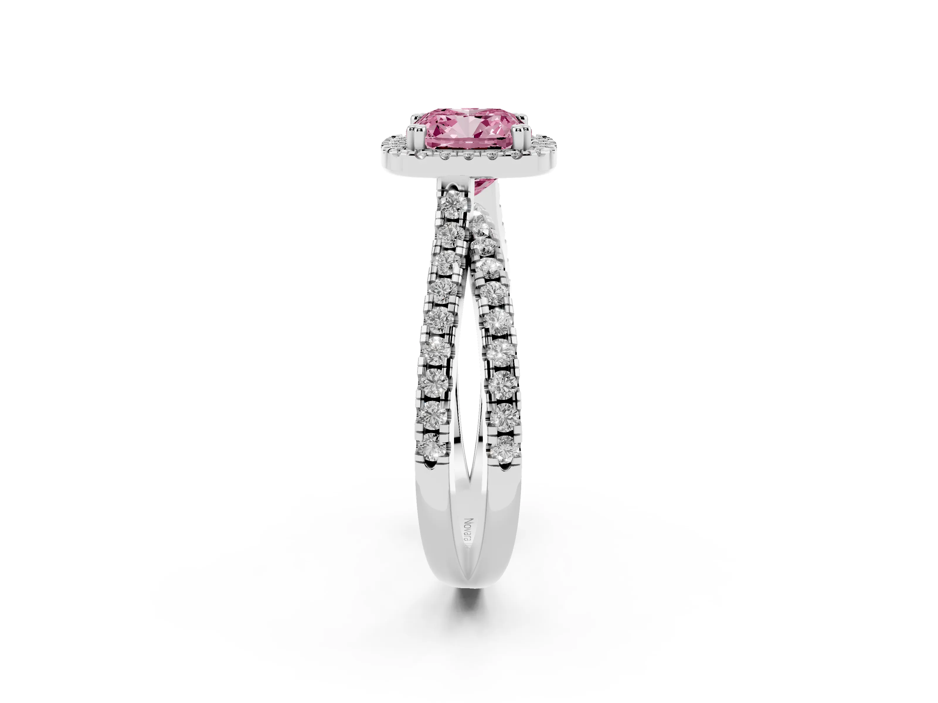 Fancy Pink Cushion Cut Diamond Halo Split Shank Ring Set in Silver with Pavé Setting