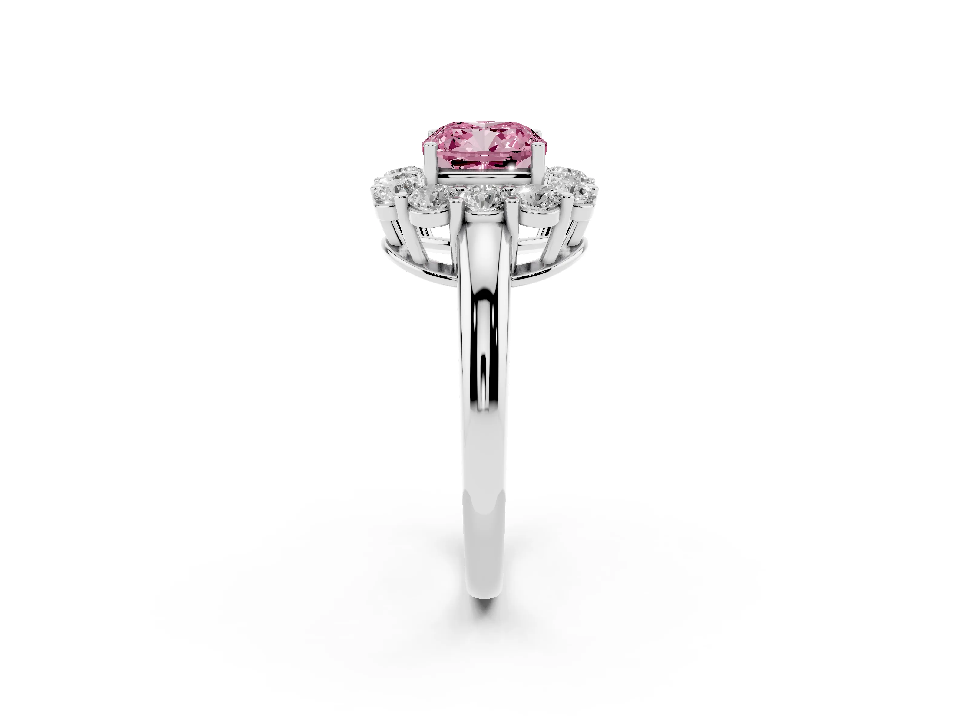 Fancy Pink Cushion Cut Diamond Halo Cluster Engagement Ring Set in White gold with Polished Band and Prong Setting