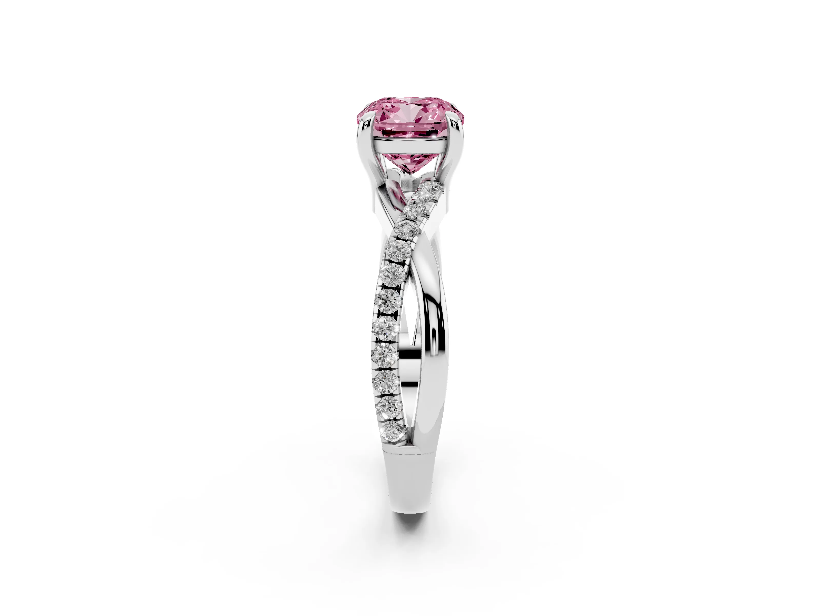 Fancy Pink Cushion Cut Diamond Twist Band Pavé Solitaire Ring Set in White gold with Prong Setting