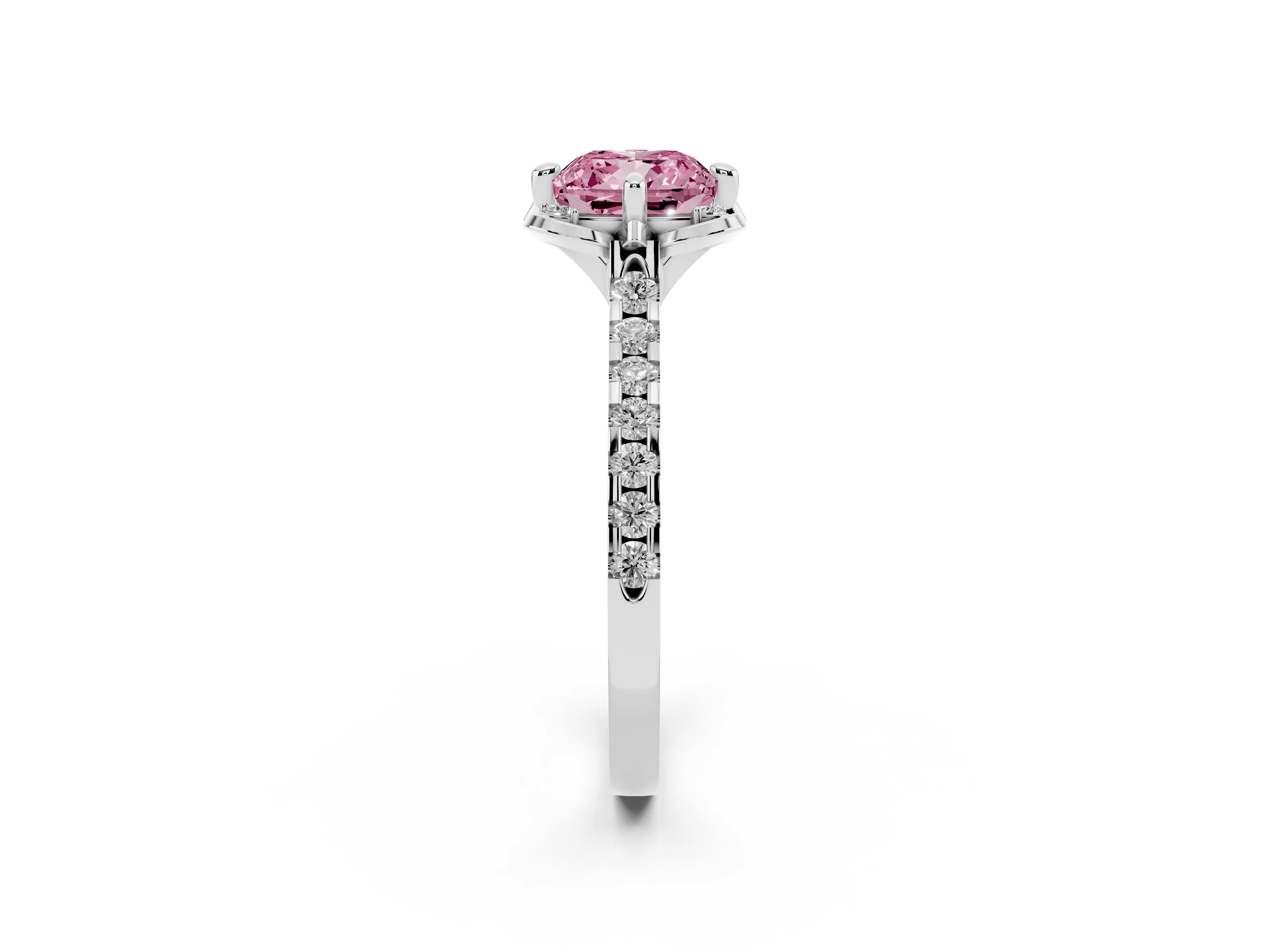 Fancy Pink Cushion Cut Diamond Solitaire Ring Set in Platinum with Pavé Band and Floral Prong Setting
