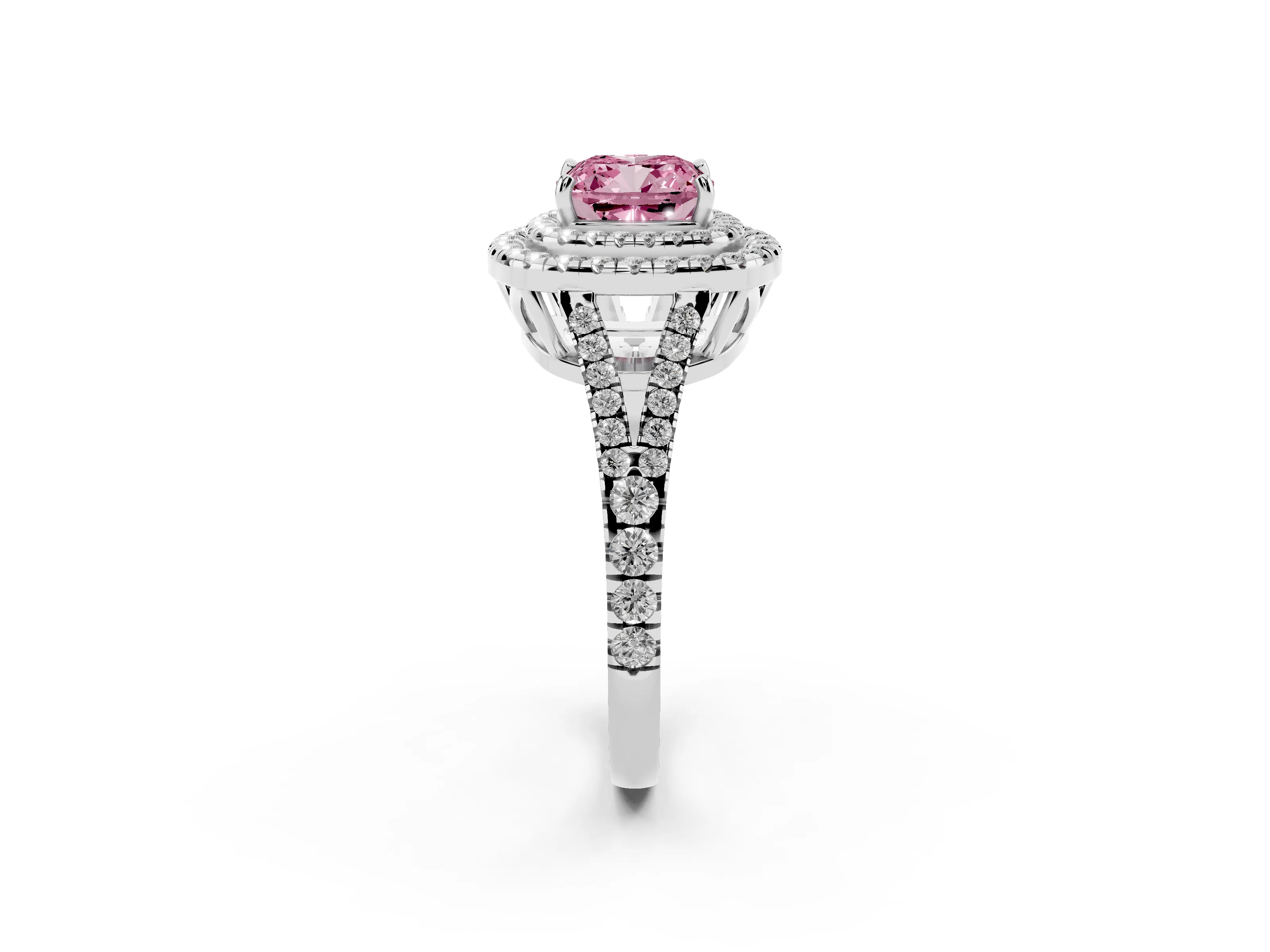 Fancy Pink Cushion Cut Diamond Double Halo Ring Set in Platinum with Pavé Band
