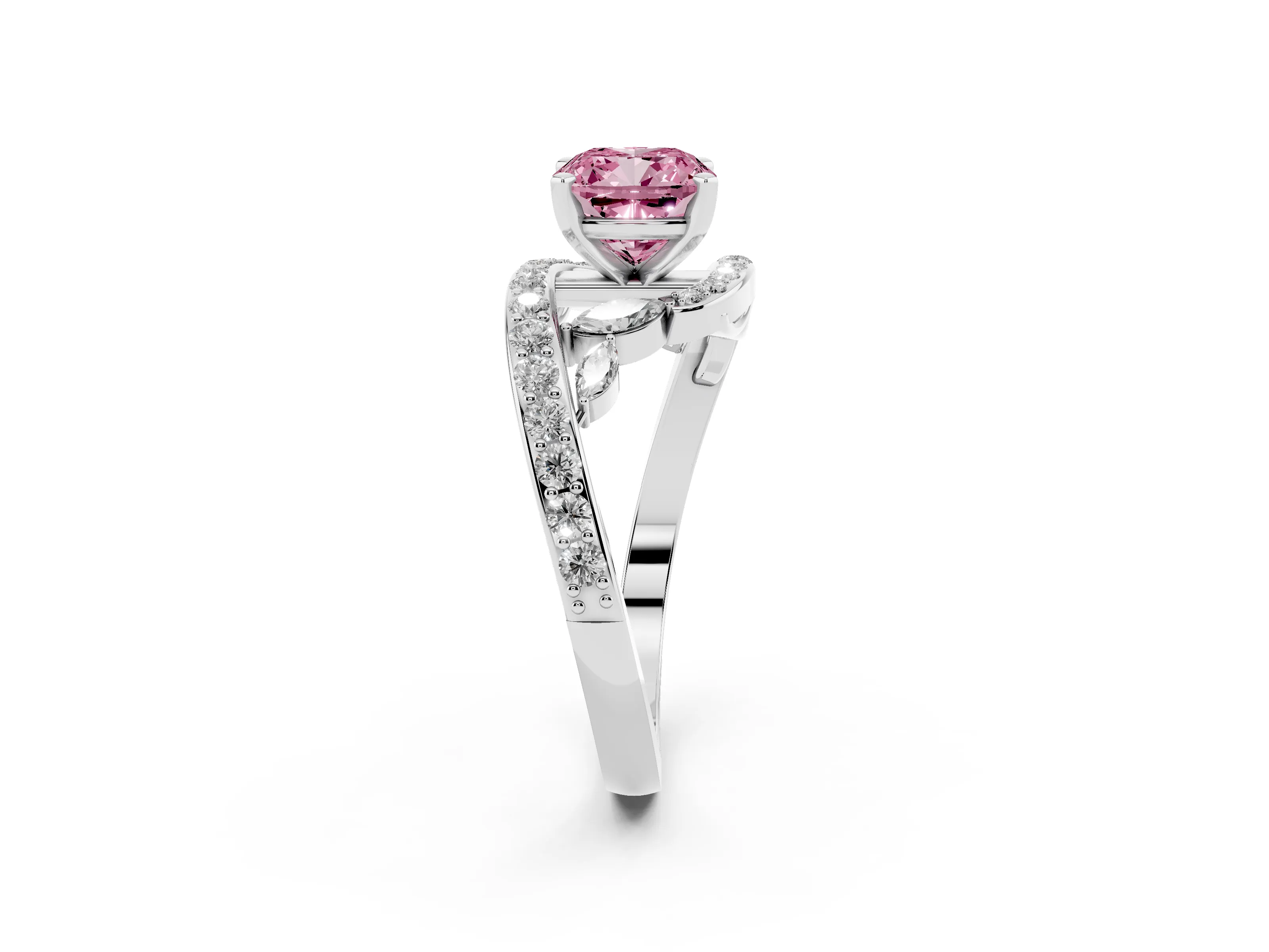 Fancy Pink Cushion Cut Diamond Solitaire Ring Set in Platinum with Filigree Band and Prong Setting