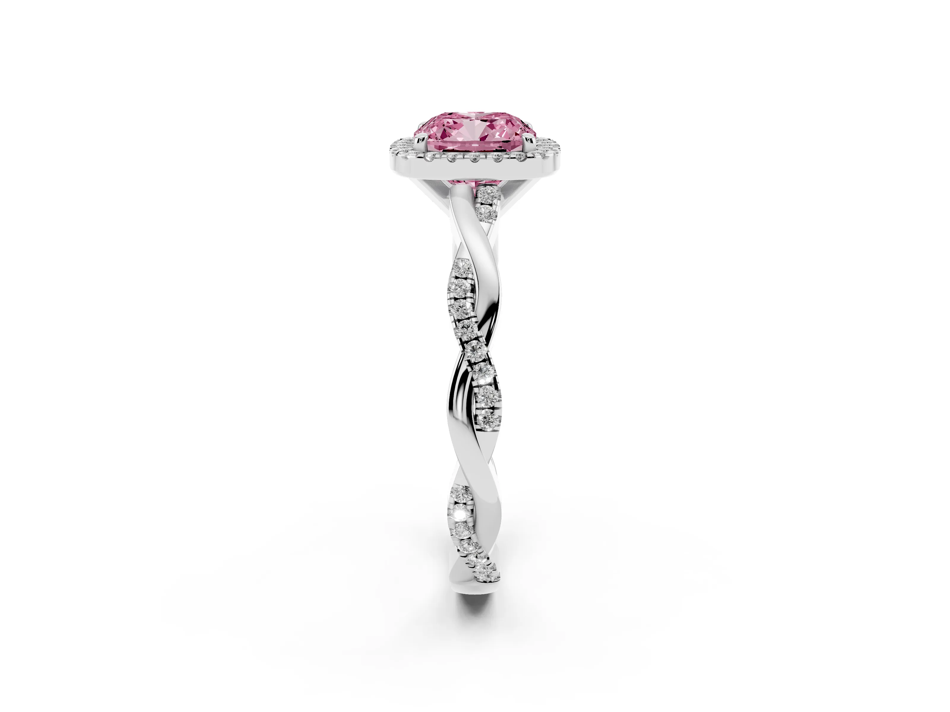 Fancy Pink Cushion Cut Diamond Halo Twisted Band Ring Set in Platinum with Prong Setting