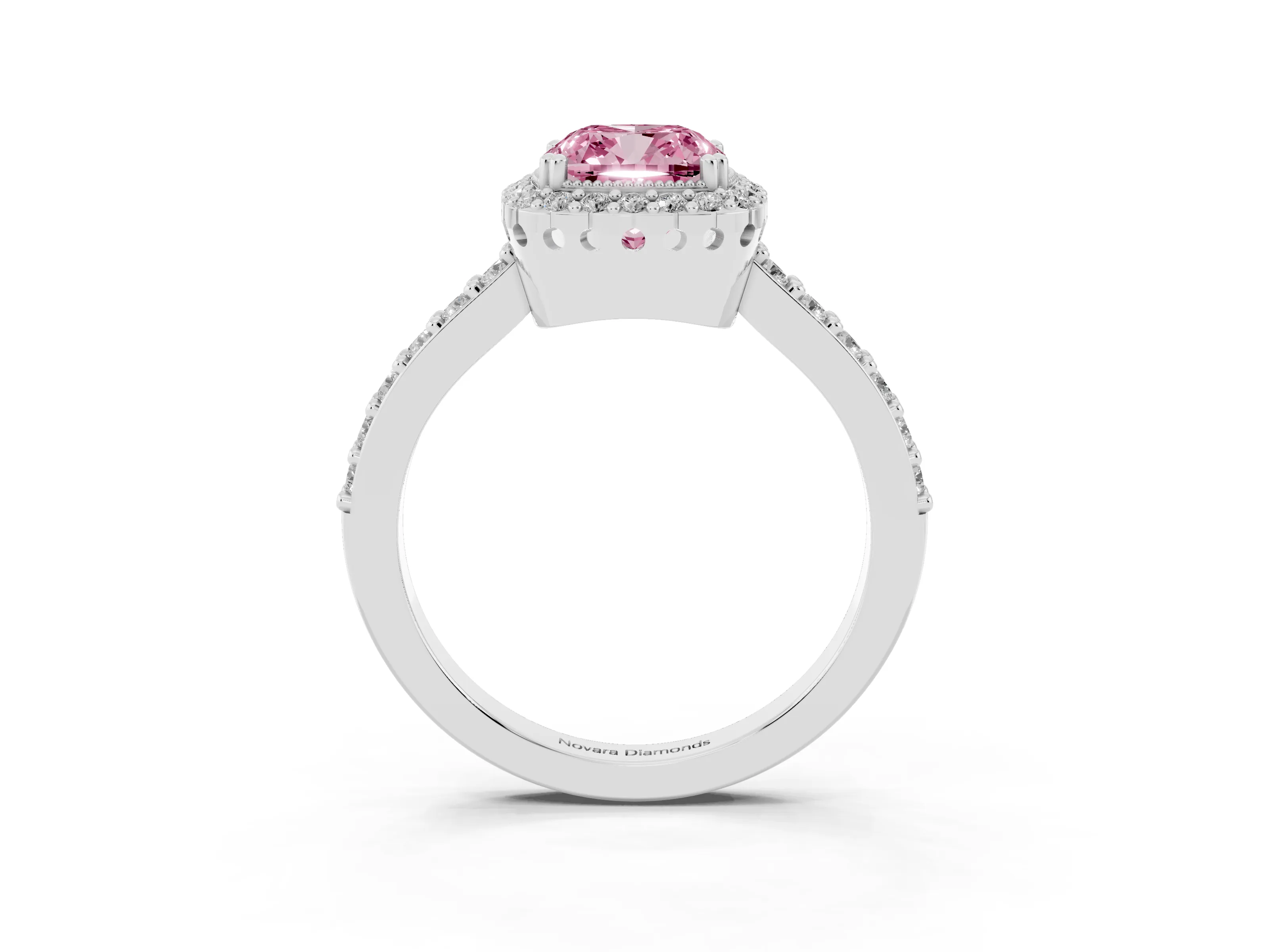 Fancy Pink Cushion Cut Diamond Halo Engagement Ring Set in Platinum with Milgrain Detail and Pavé Band