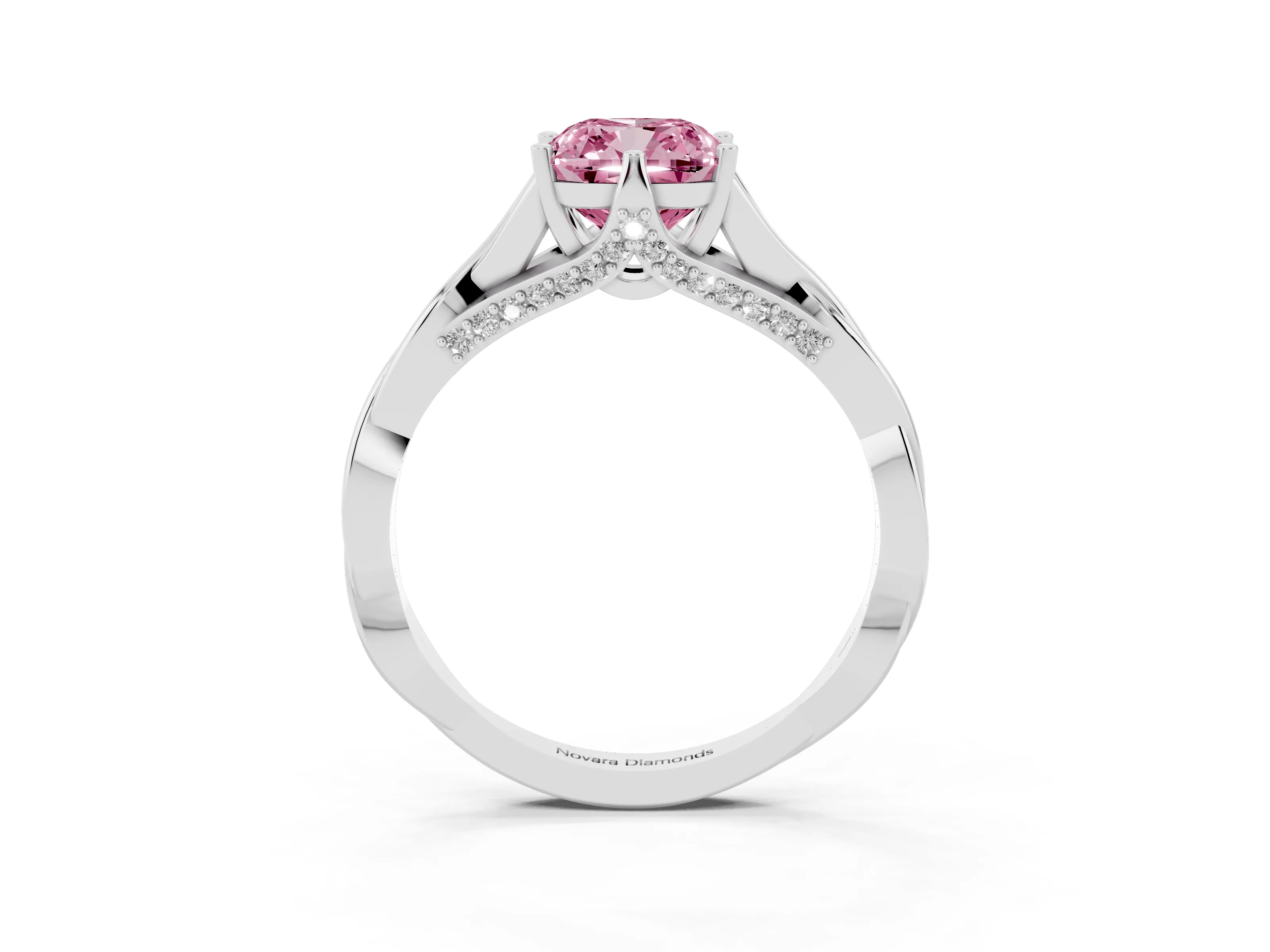 Fancy Pink Cushion Cut Diamond Intertwined Twist Band Solitaire Ring Set in White gold with Prong Setting
