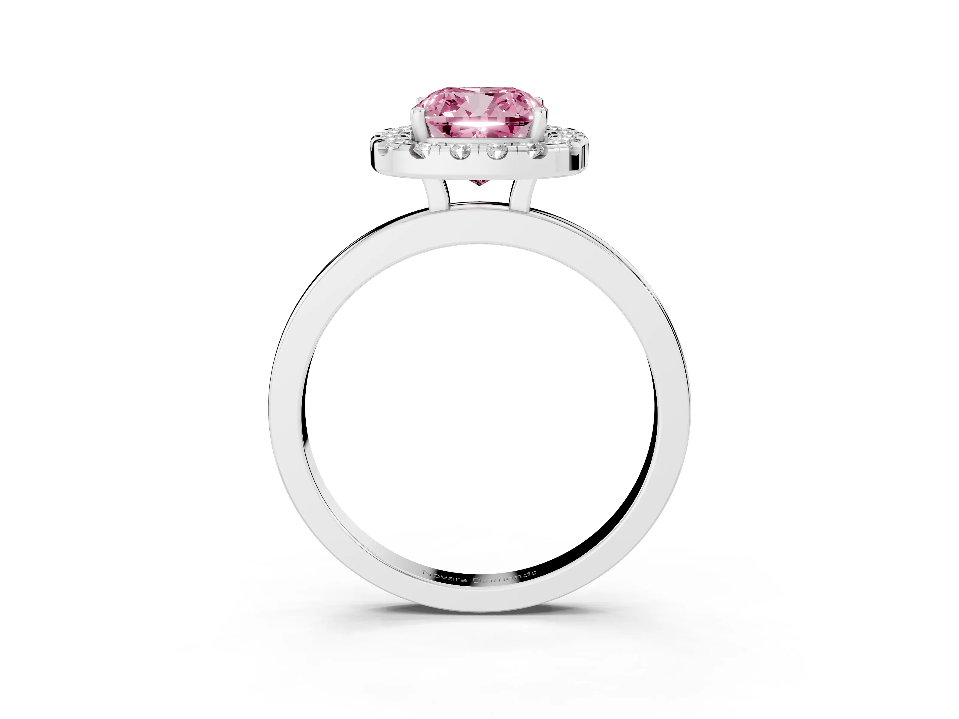 Fancy Pink Cushion Cut Diamond Halo Solitaire Ring Set in Silver with Pavé Band and Prong Setting