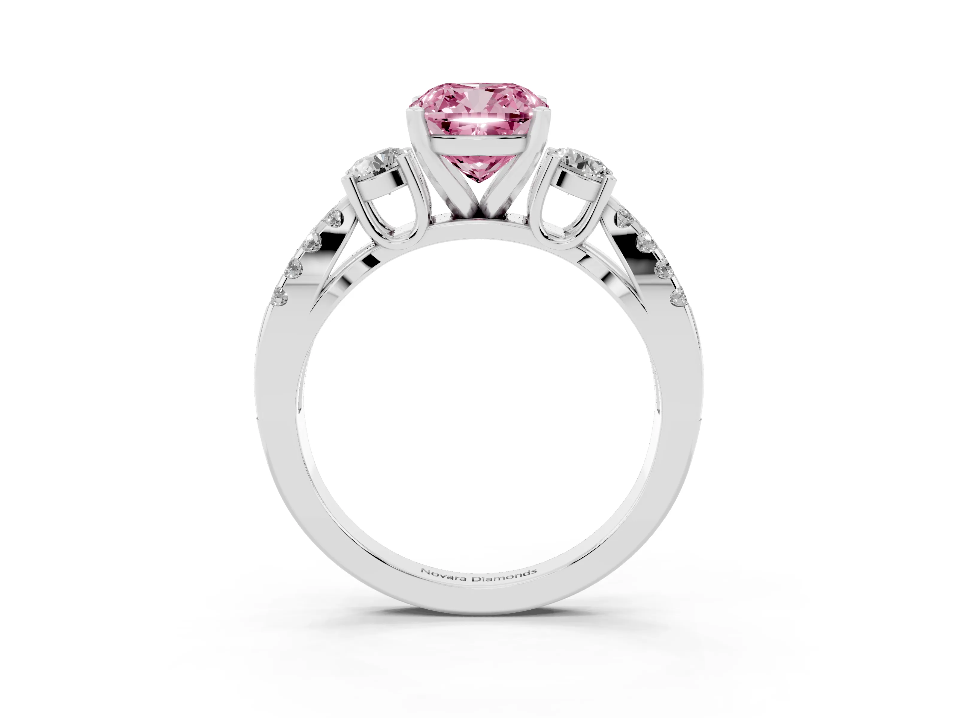 Fancy Pink Cushion Cut Diamond Three-Stone Ring Set in Silver with Pavé Split Shank and Prong Setting